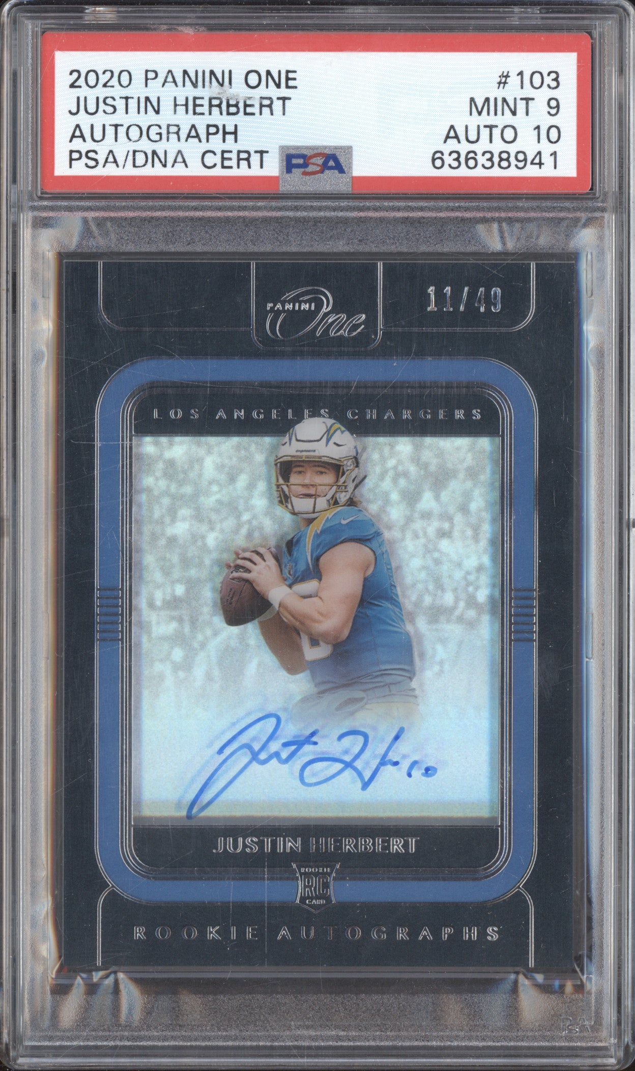 Justin Herbert 2020 Panini One 103 Autograph RC 11/49 PSA 9/10