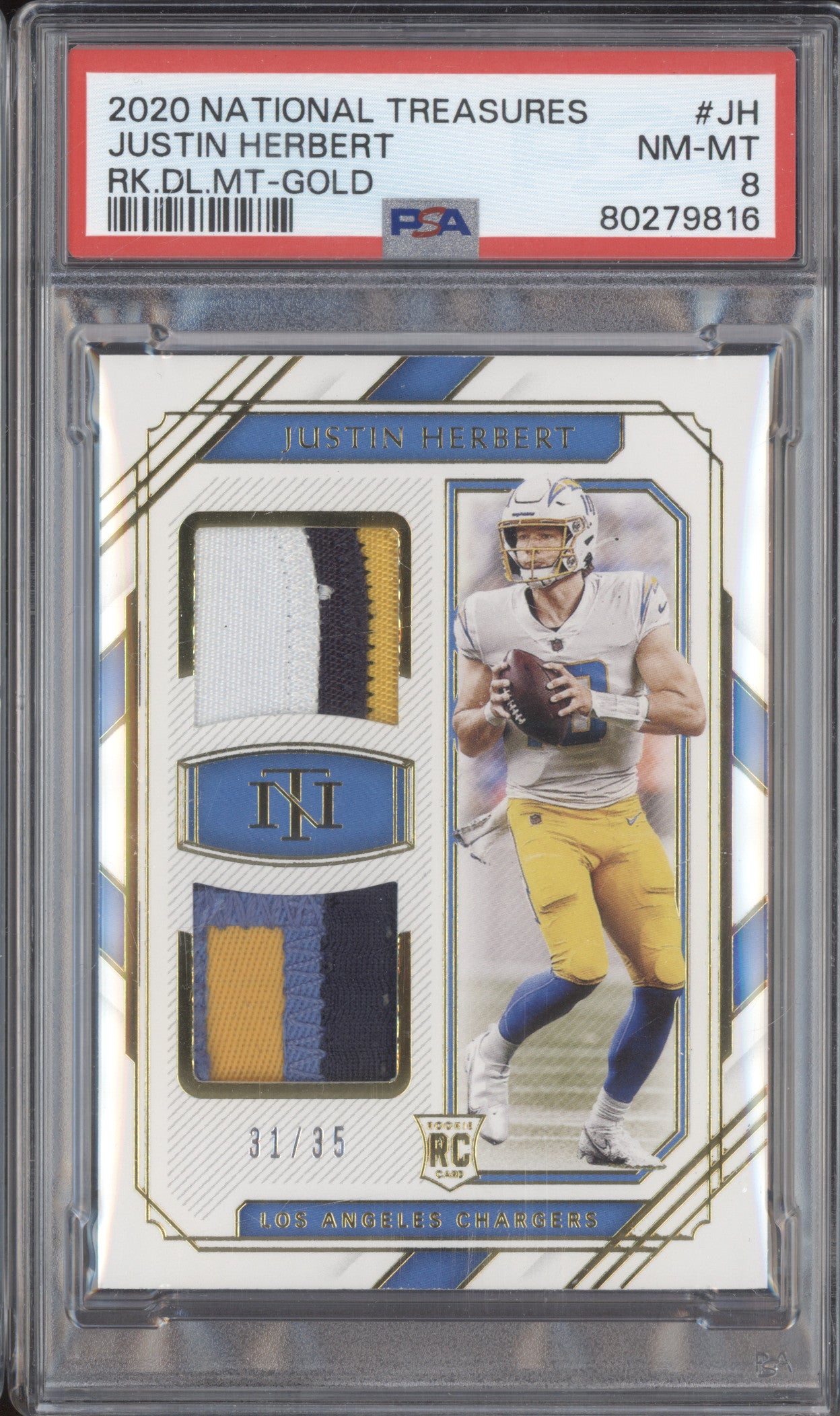 Justin Herbert 2020 Panini NT RDM-JH Rookie Dual Materials Gold RC 31/35 PSA 8