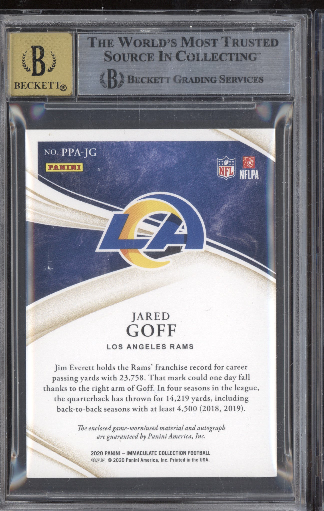 Jared Goff 2020 Panini Immaculate PPA-JG Premium Patch Auto Gold 7/10 BGS 8/10