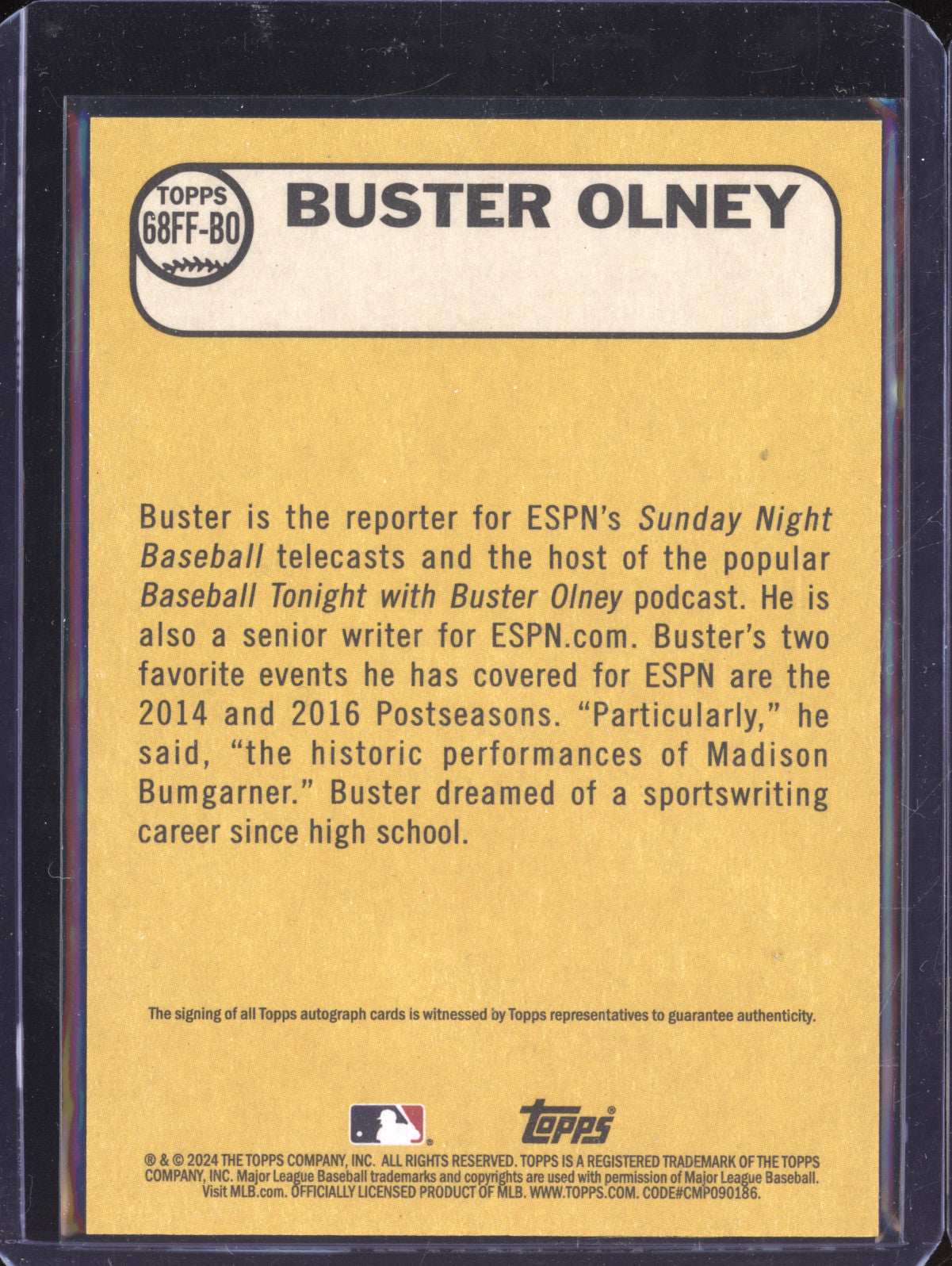 Buster Olney 2024 Topps Archives 68FF-BO 1968 Fan Favorites Auto