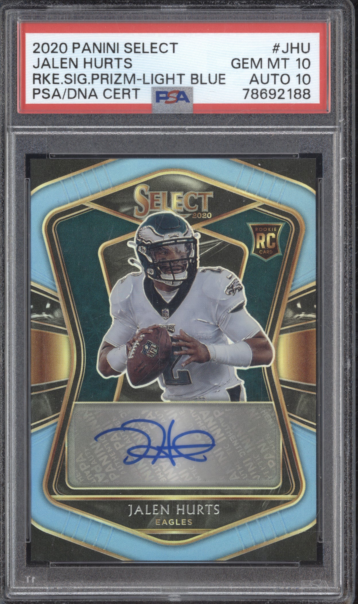 Jalen Hurts 2020 Panini Select RS-JHU Rookie Auto Light Blue RC 9/49 PSA 10/10