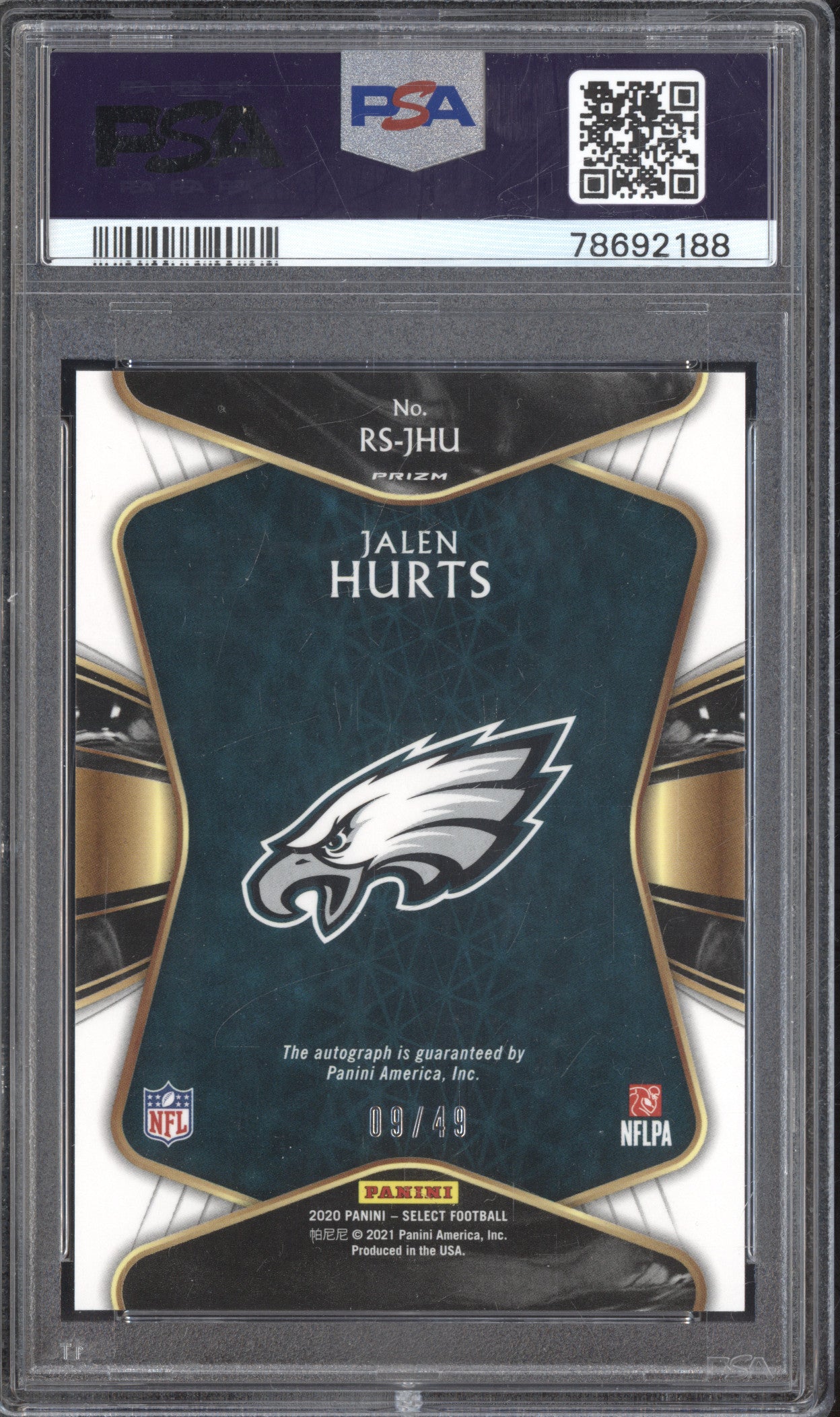 Jalen Hurts 2020 Panini Select RS-JHU Rookie Auto Light Blue RC 9/49 PSA 10/10