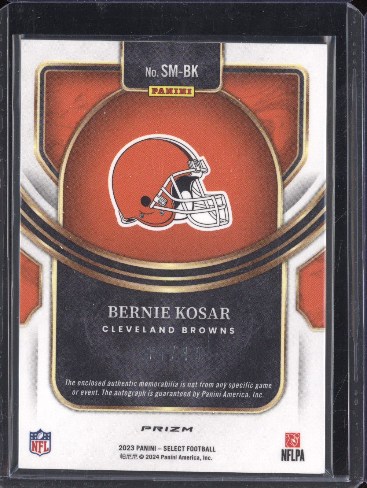 Bernie Kosar 2023 Panini Select SM-BK Signature Memorabilia Purple 34/49