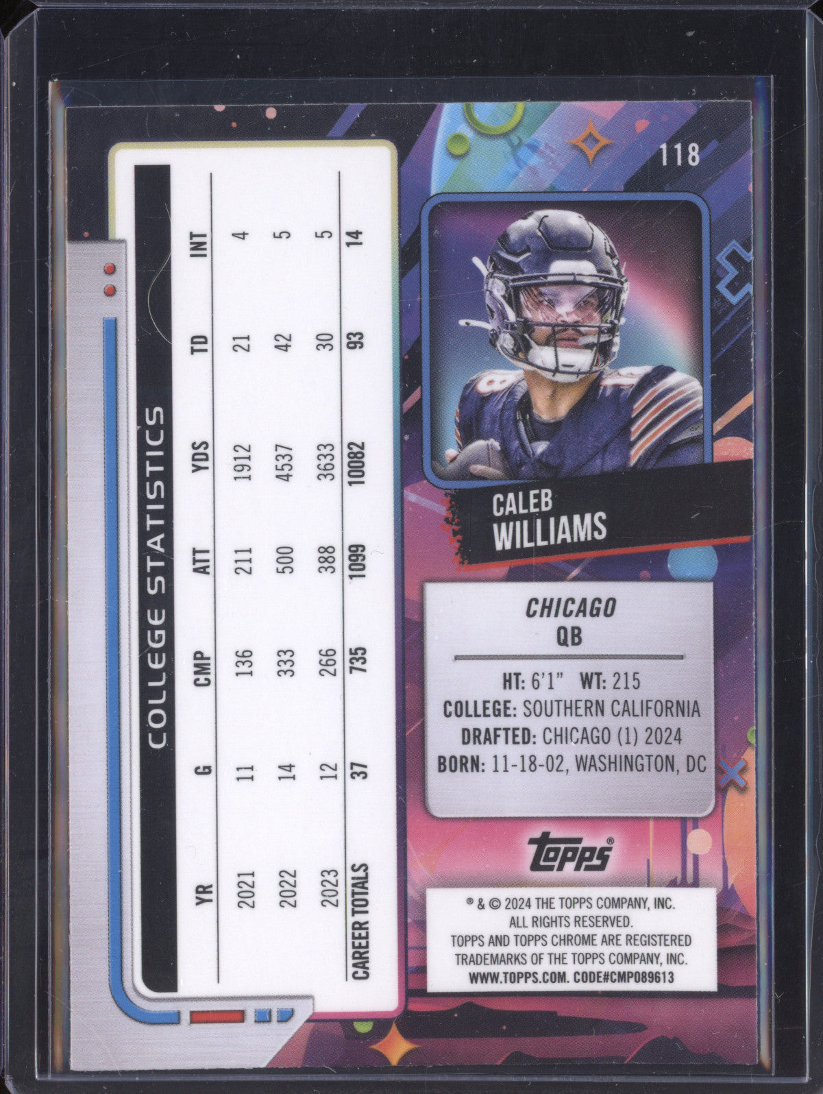 Caleb Williams 2024 Topps Cosmic Chrome 118 Nucleus RC