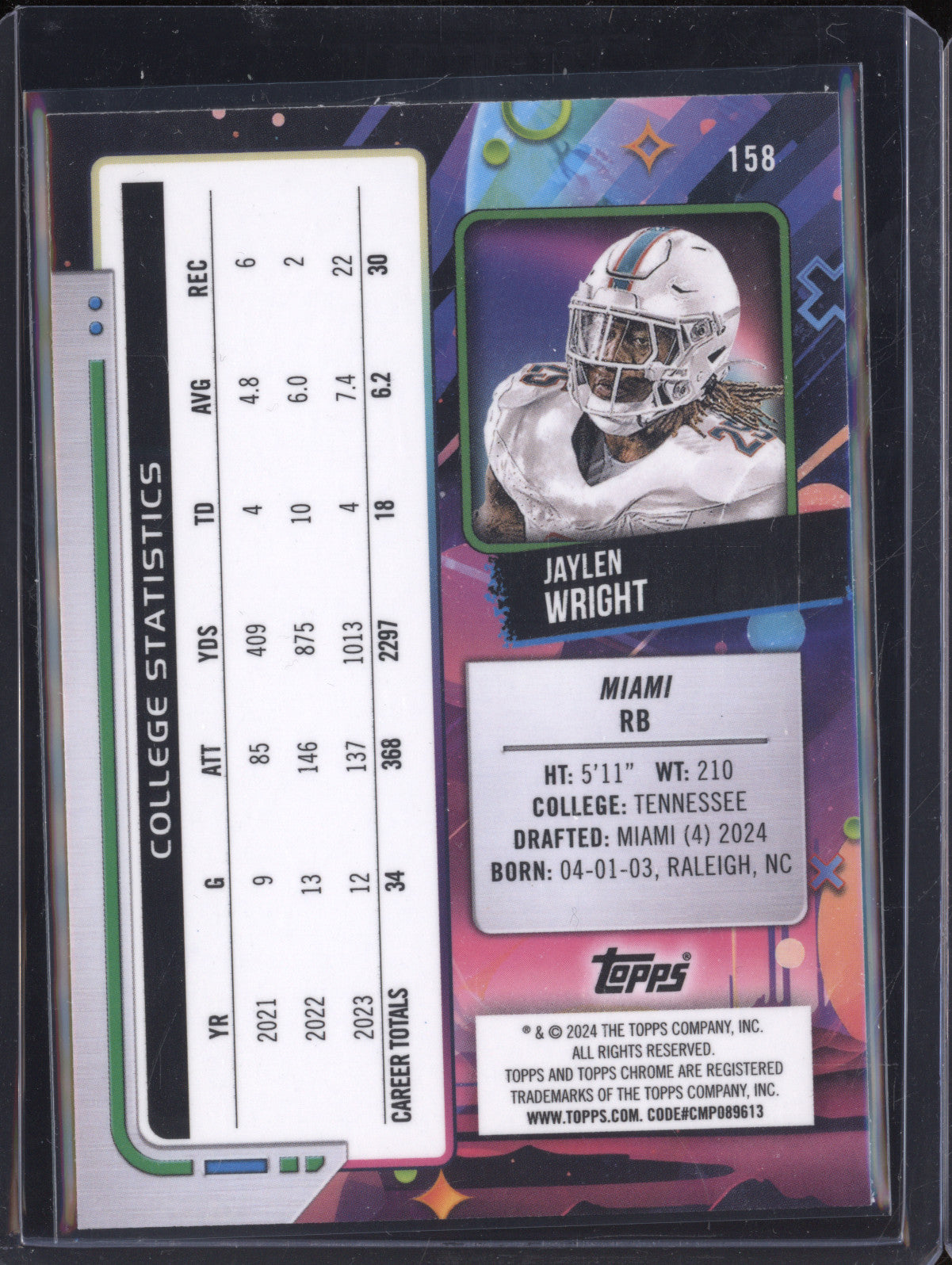 Jaylen Wright 2024 Topps Cosmic Chrome 158 Green Space Dust RC 17/75