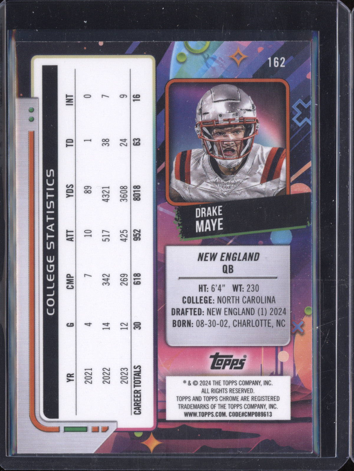 Drake Maye 2024 Topps Cosmic Chrome 162 White Hole RC