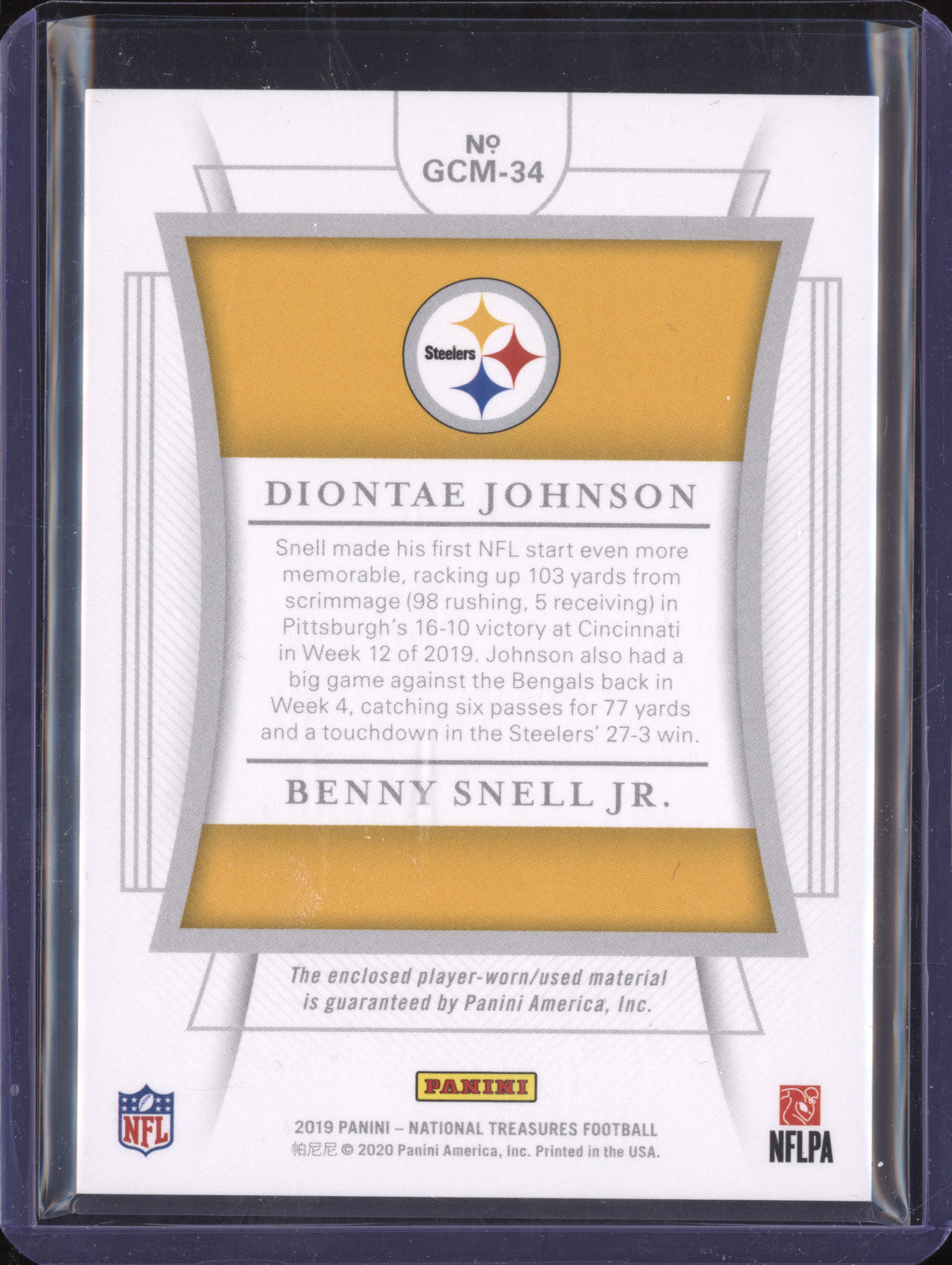 Johnson Snell Jr 2019 Panini NT GCM-34 NFL Gear Combo Materials 99/99