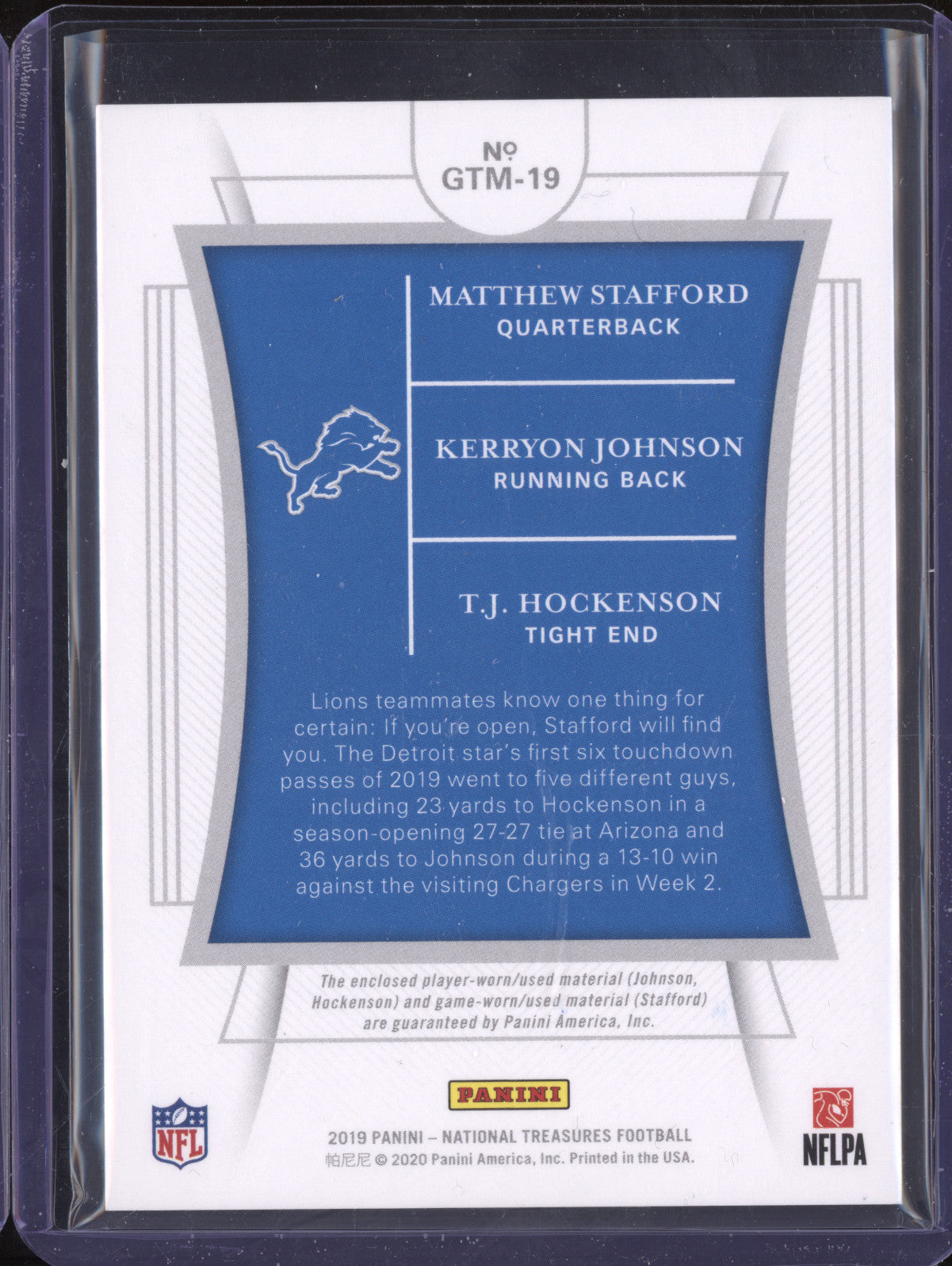 Stafford Johnson Hockenson 2019 Panini NT GTM-19 NFL Gear Trio Materials 7/99