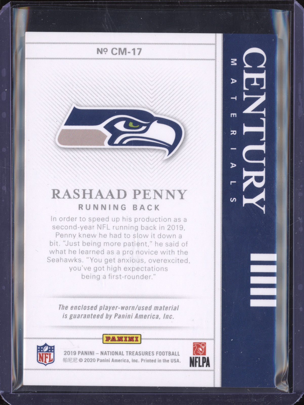 Rashaad Penny 2019 Panini National Treasures CM-17 Century Materials 72/99