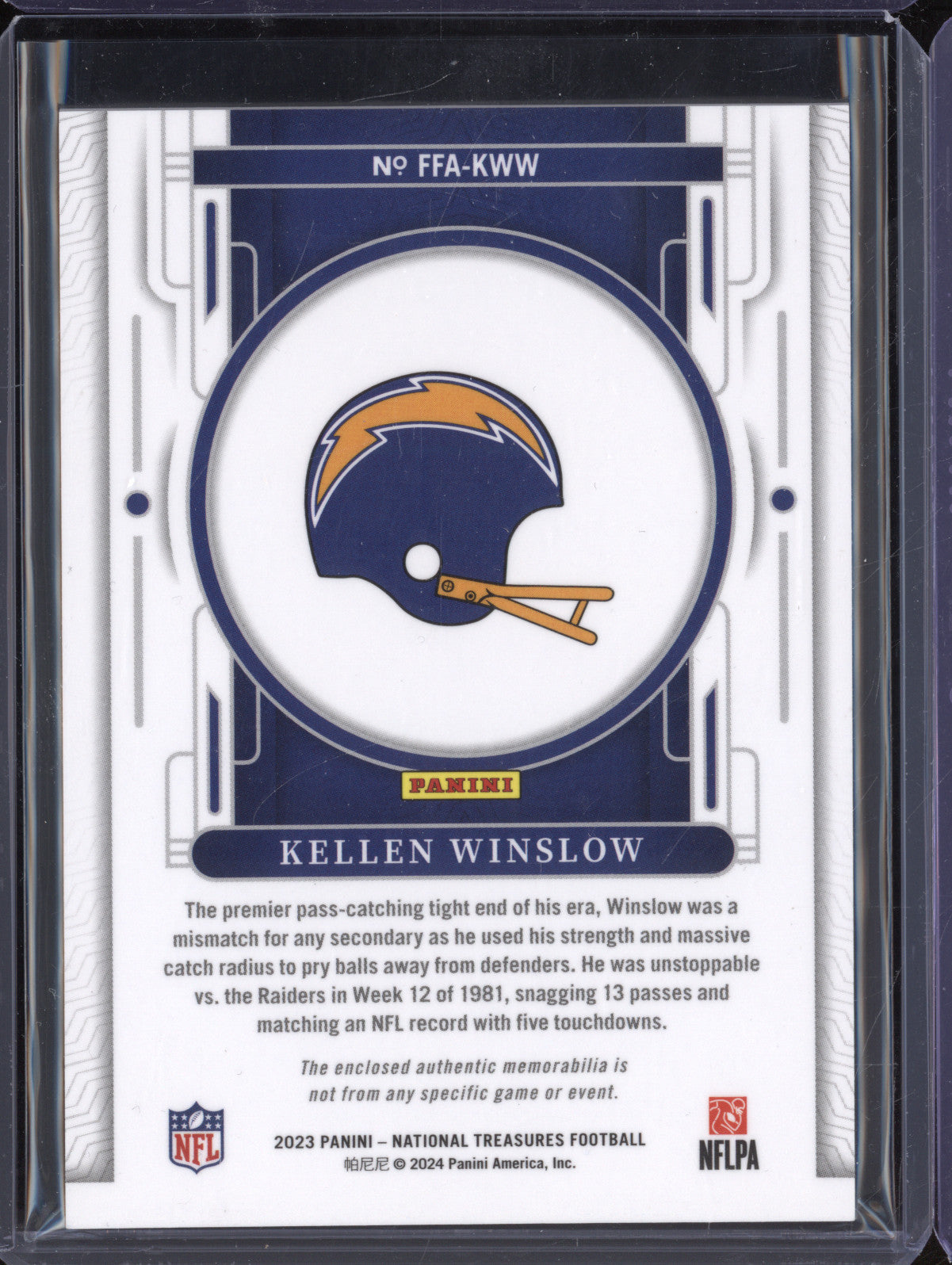 Kellen Winslow 2023 Panini National Treasures FFA-KWW Framed Fabric 31/49