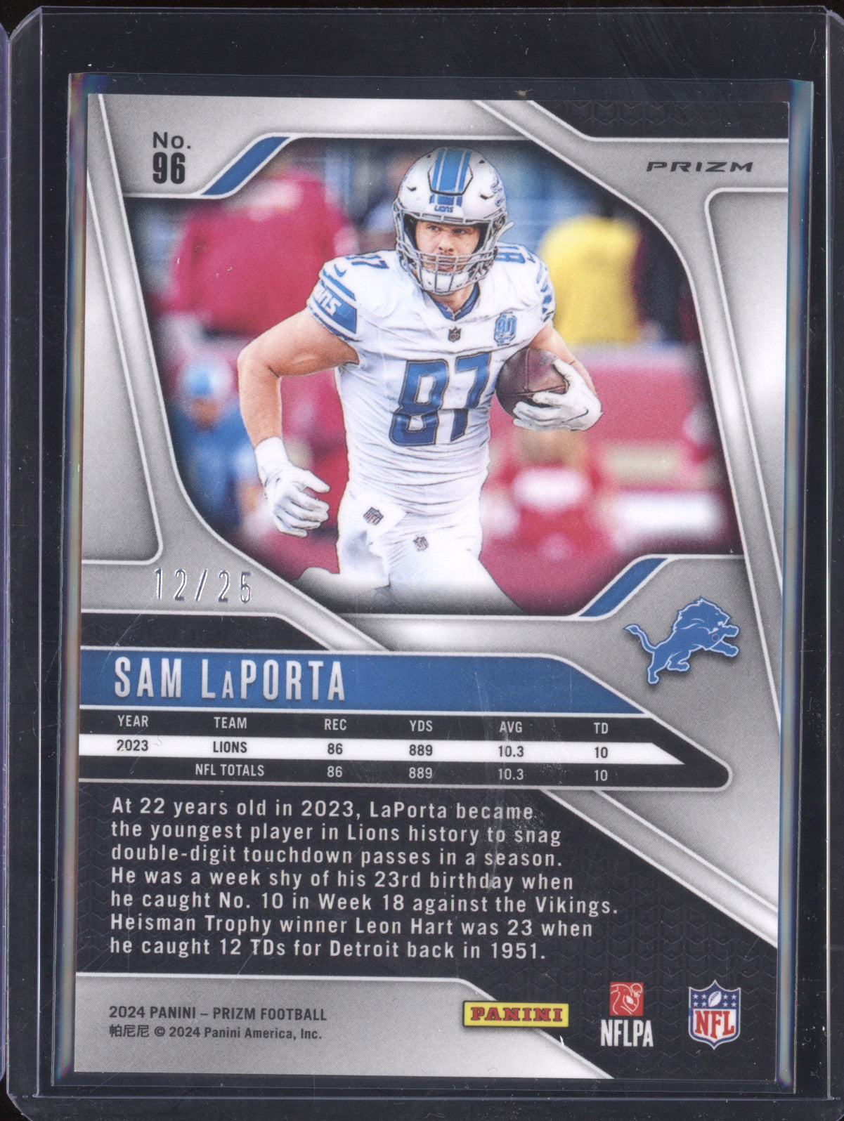 Sam LaPorta 2024 Panini Prizm 96 No Huddle Pink 12/25