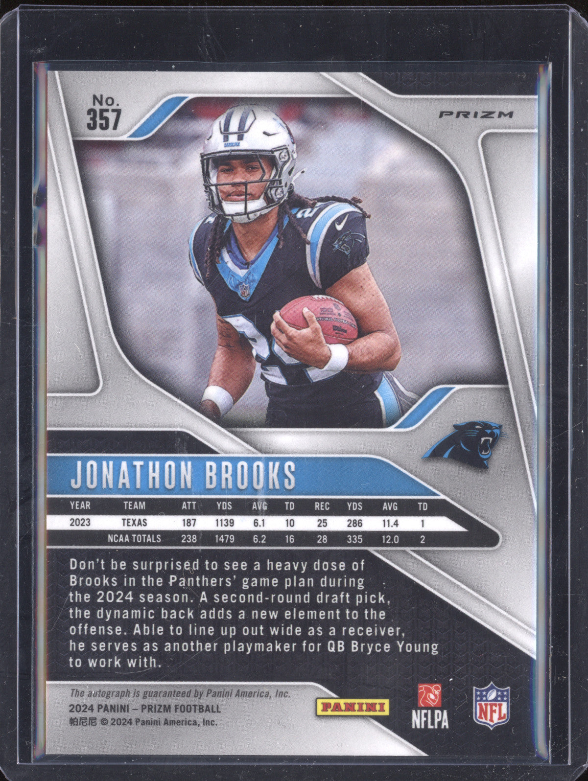 Jonathan Brooks 2024 Panini Prizm 357 No Huddle Rookie Auto RC