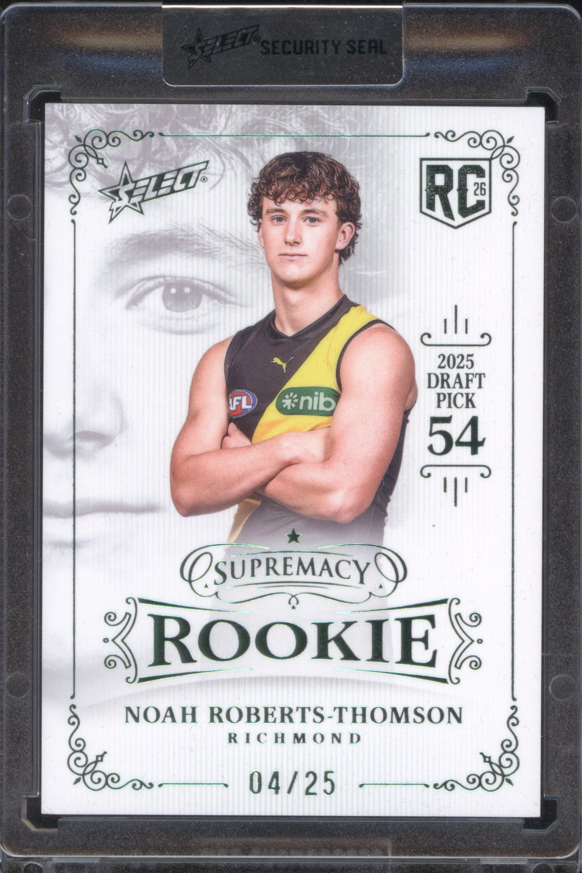 Noah Roberts-Thomson 2026 AFL Select Supremacy Rookie RPG54 Platinum Green /25