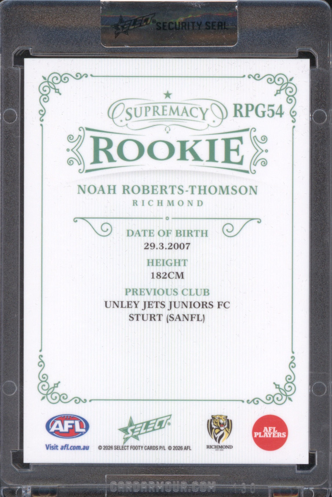 Noah Roberts-Thomson 2026 AFL Select Supremacy Rookie RPG54 Platinum Green /25