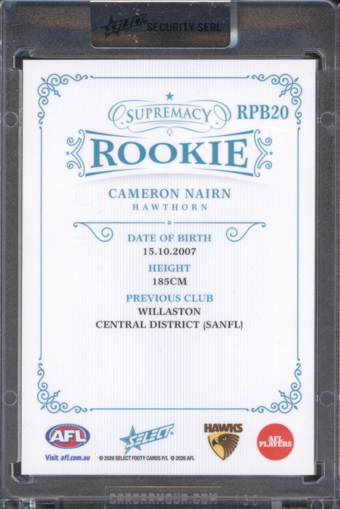 Cameron Nairn 2026 AFL Select Supremacy Rookie RPB20 Platinum Blue /75