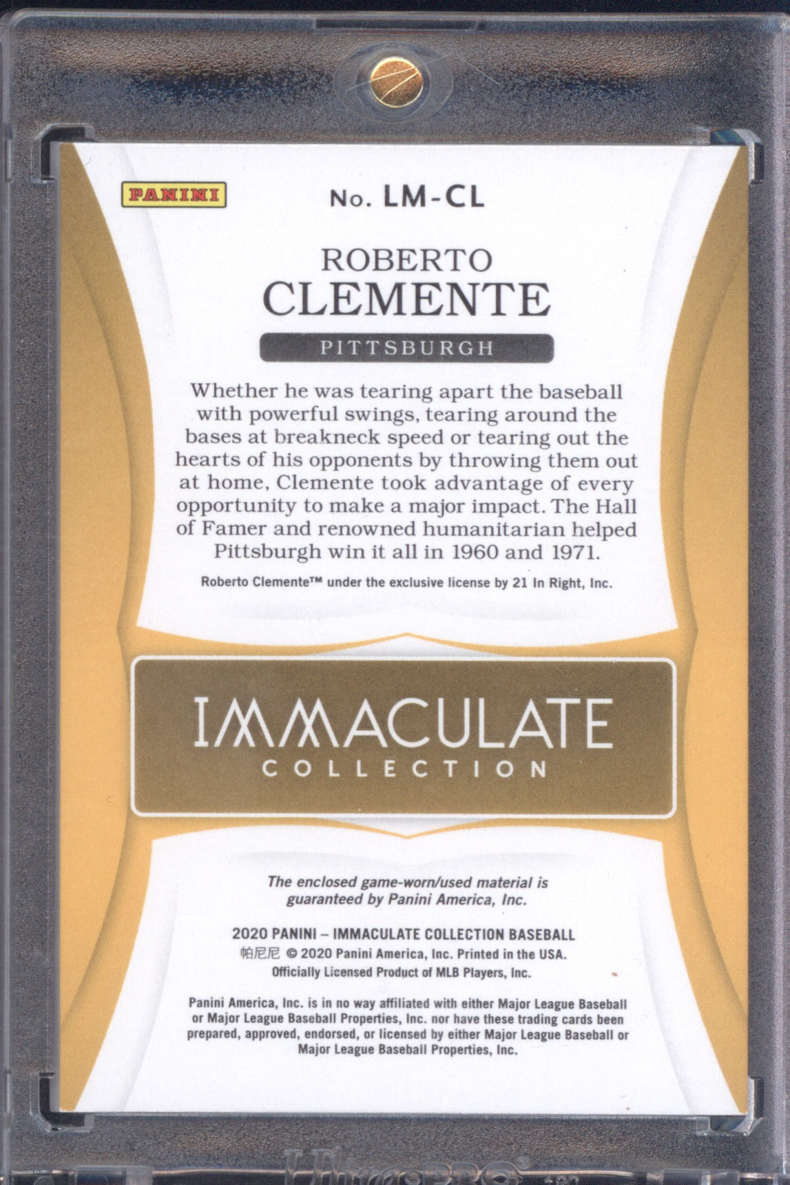Roberto Clemente 2019 Panini Immaculate Collection #LM-CL Bat Relic Legends /25