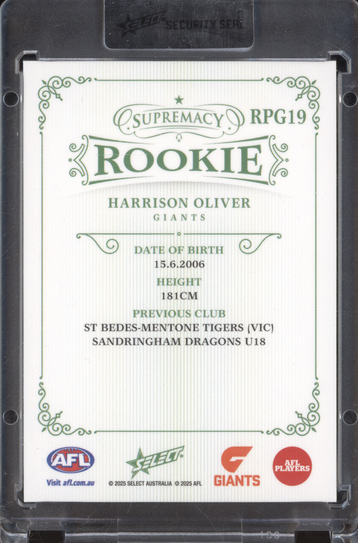 Harrison Oliver 2025 Select Supremacy Rookies RPG19 Platinum Green RC 11/25