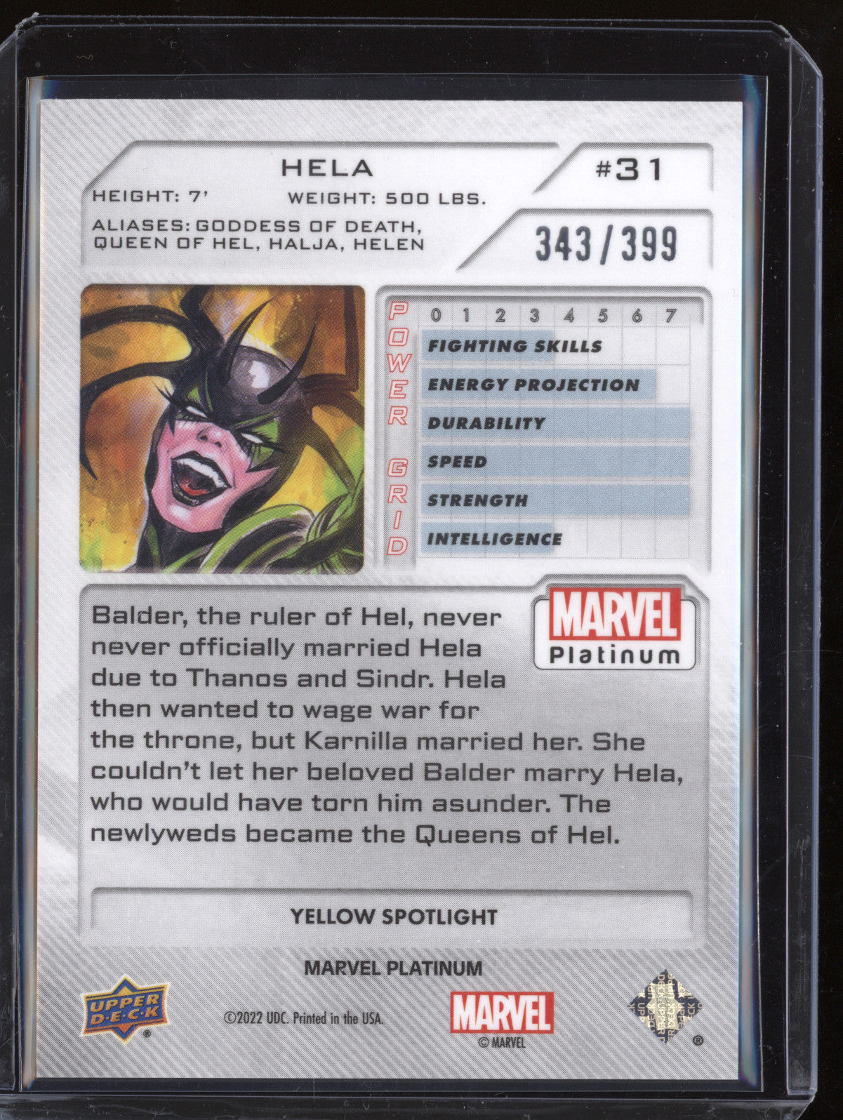 Hela 2023 Upper Deck Marvel Platinum 31 Yellow Spotlight 343/399