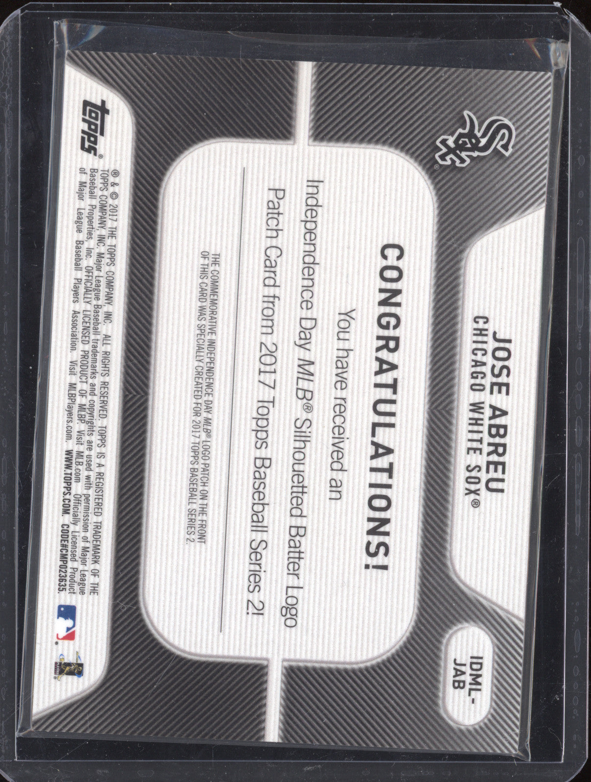 2017 Topps IDML-JAB Jose Abreu Commemorative MLB Batter Logo Patch