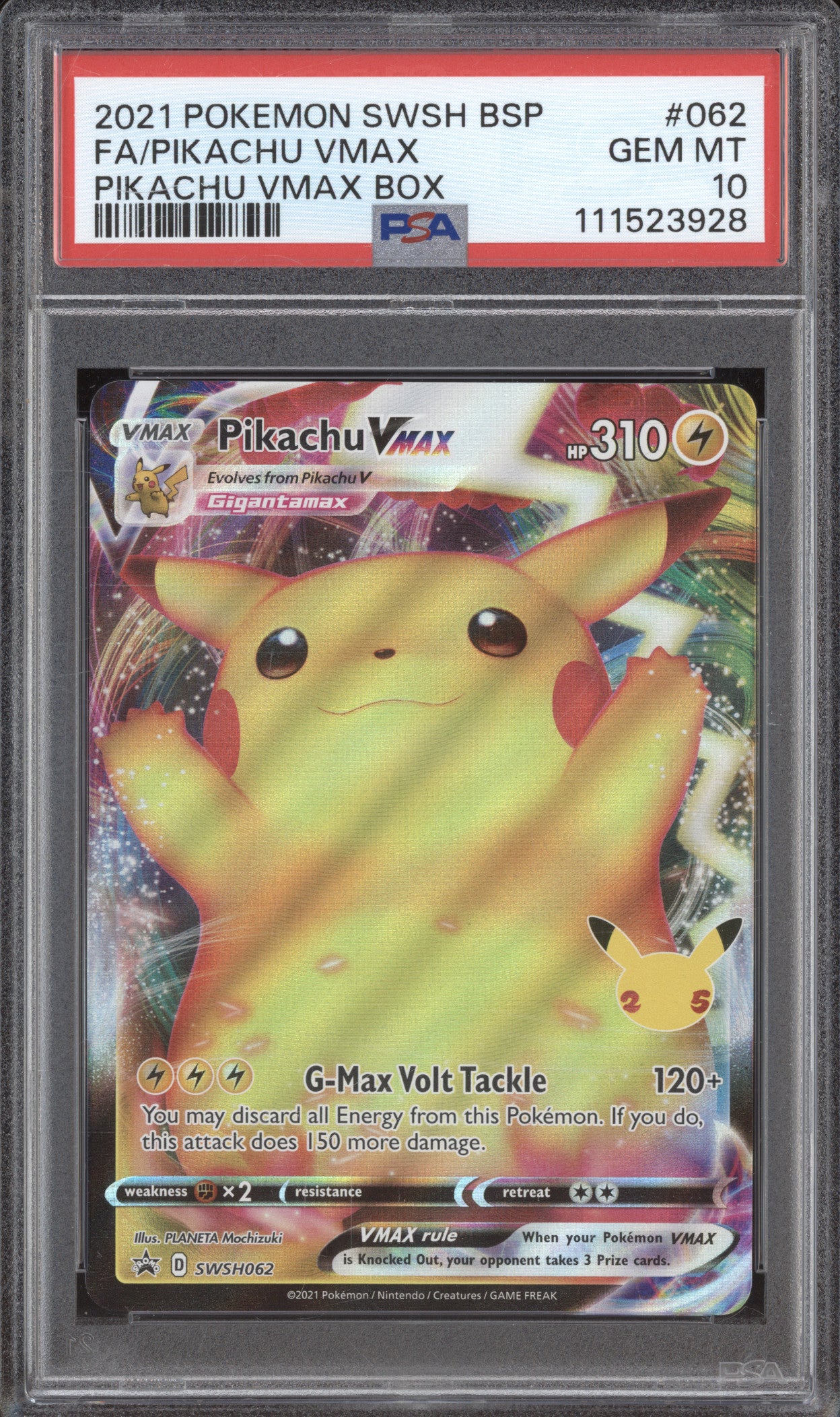 2021 Pokemon Sword & Shield SWSH062 Pikachu VMAX Full Art PSA 10