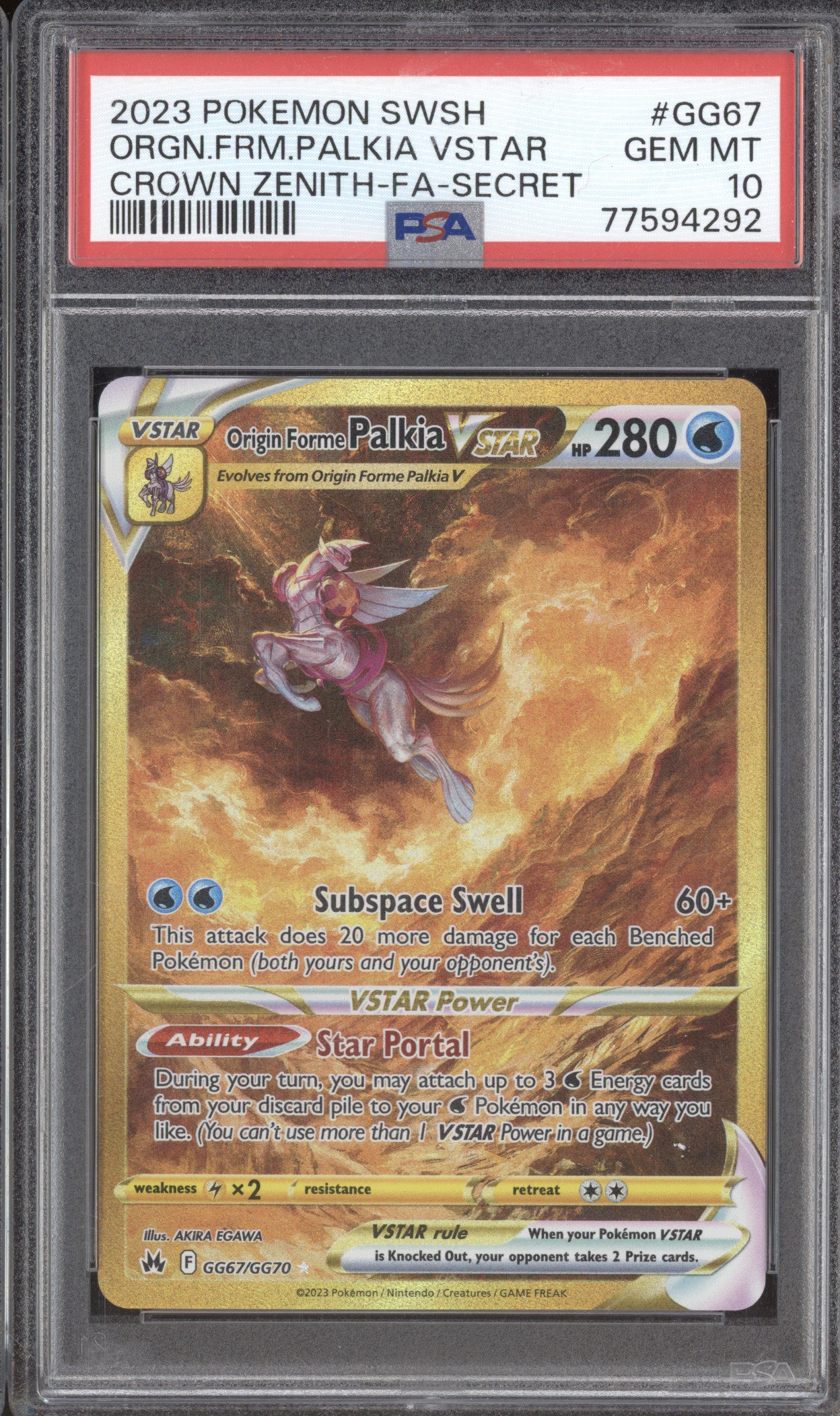 2023 Pokemon Crown Zenith GG67 Origin Forme Palkia VSTAR Secret Rare PSA 10