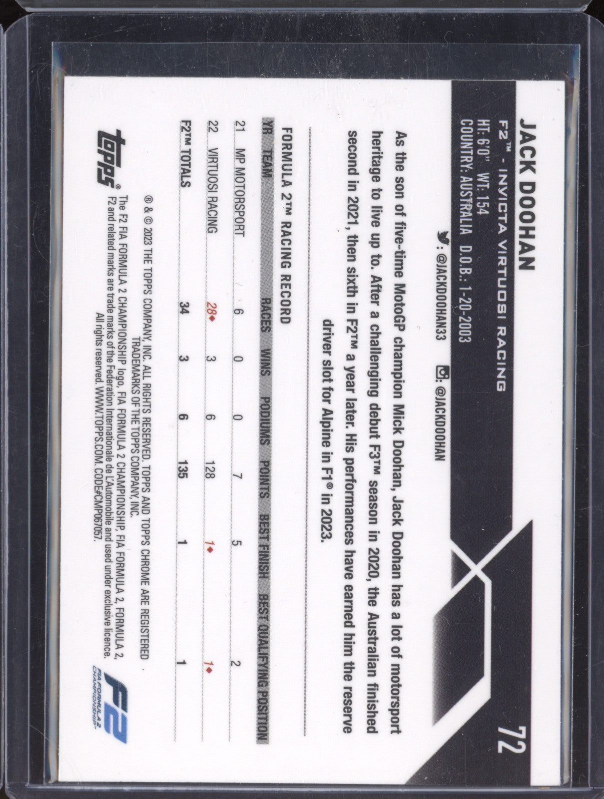 2023 F1 Chrome Jack Doohan Future Stars Purple 025/399