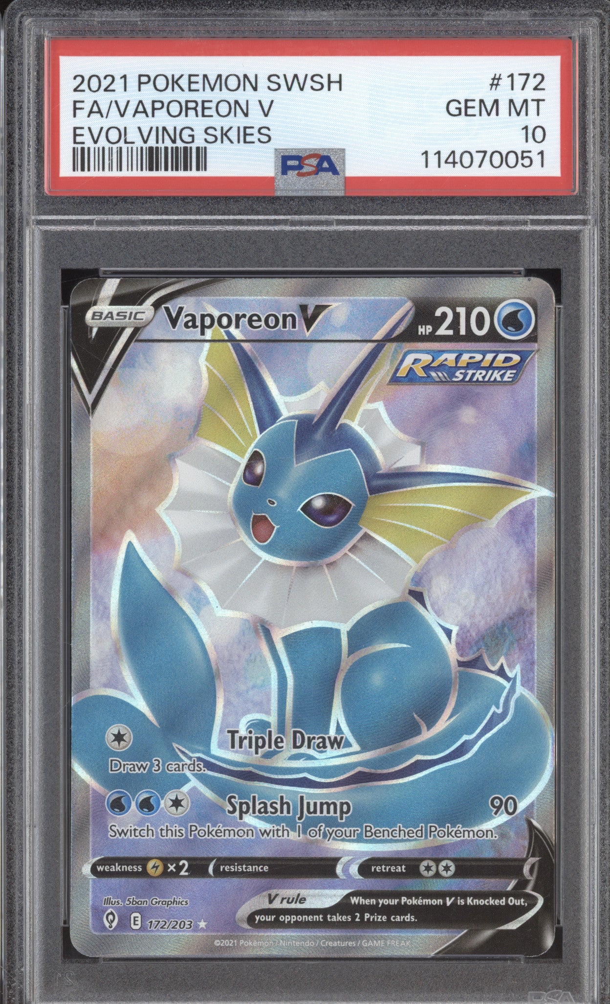 Vaporeon V 2021 Pokemon Evolving Skies 172/203 Ultra Rare PSA 10