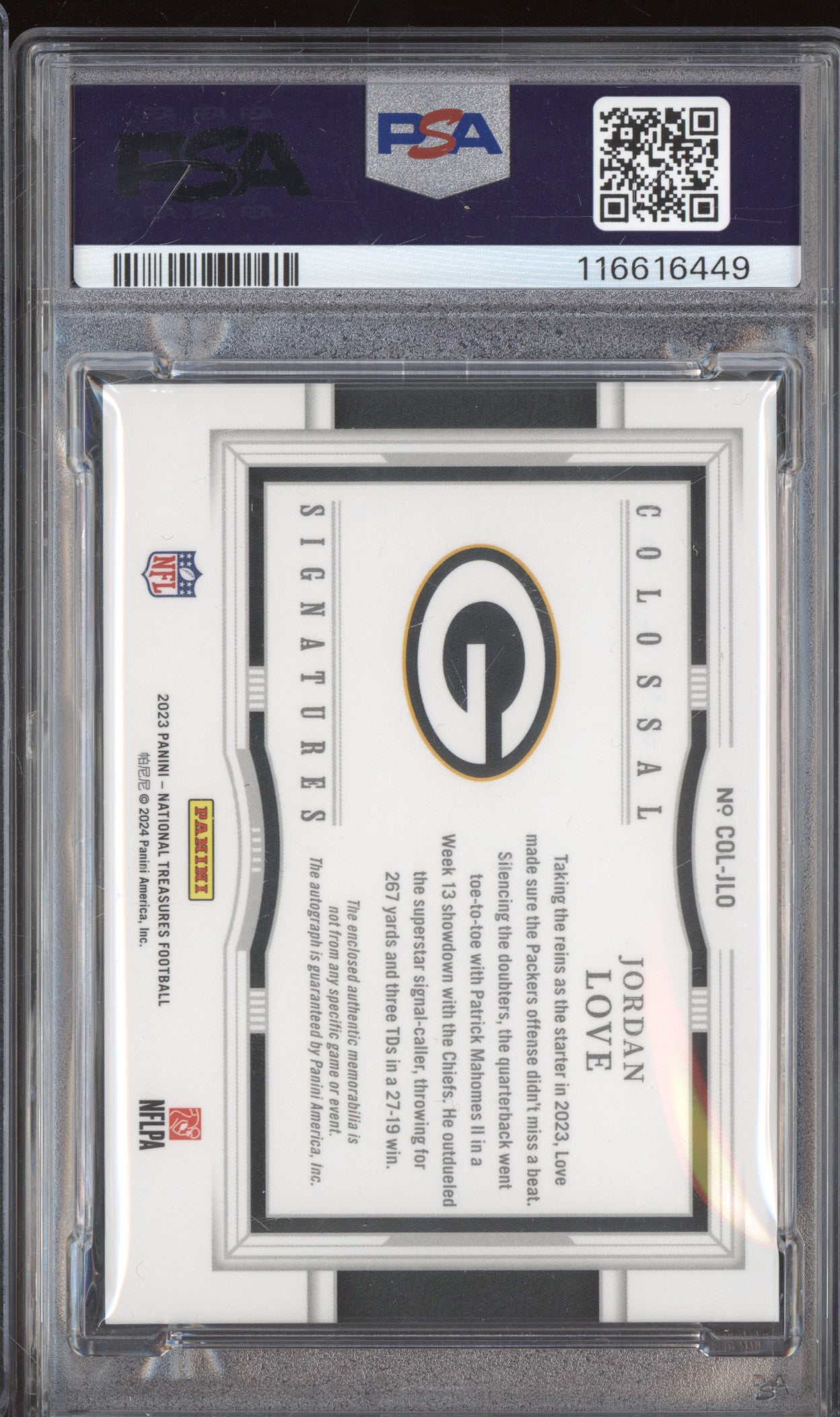 Jordan Love 2023 Panini NFL National Treasures JLO Colossal Signature PSA 9/10