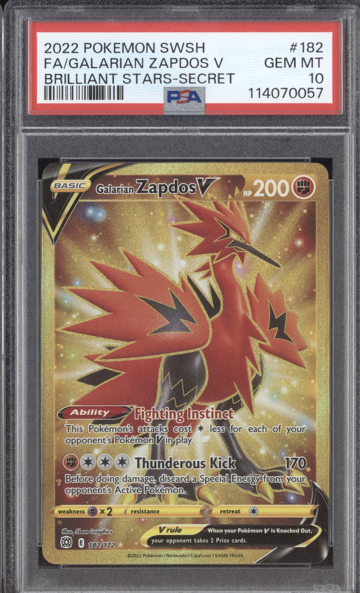 Galarian Zapdos V 2022 Pokemon Brilliant Stars 182/172 Secret Rare PSA 10
