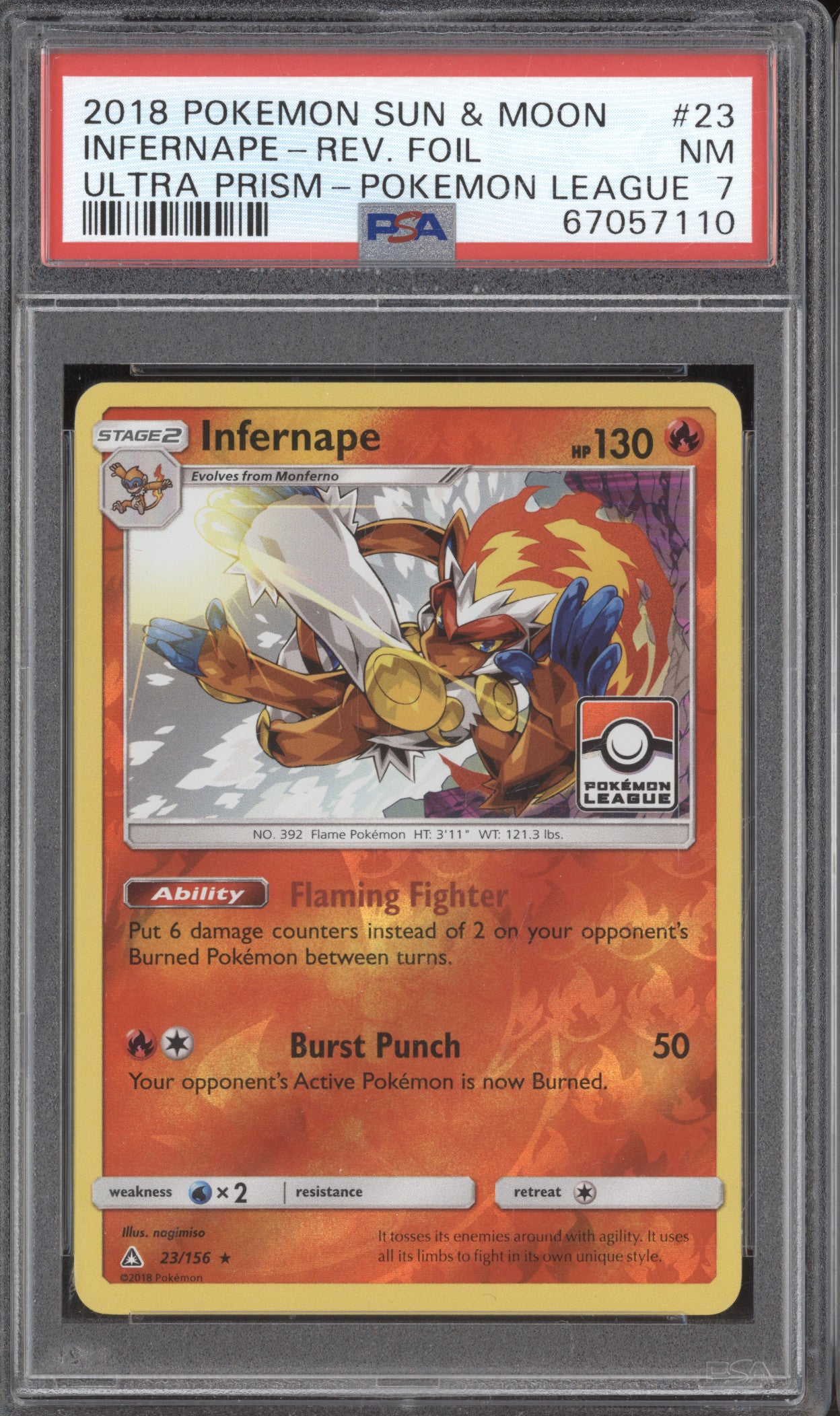 Infernape 2018 Pokemon Ultra Prism Pokemon League 23/156 Reverse Foil PSA 7