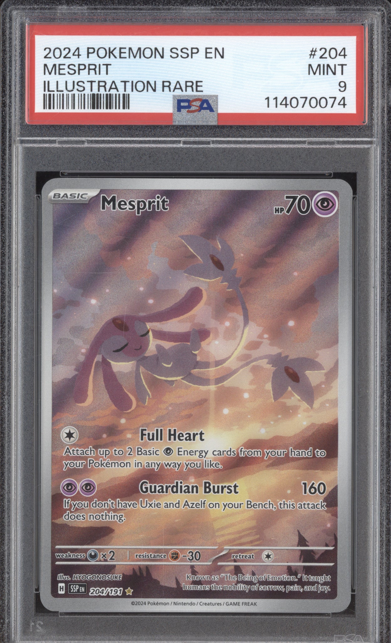 Mesprit 2024 Pokemon Surging Sparks SSP 204/191 Illustration Rare PSA 9