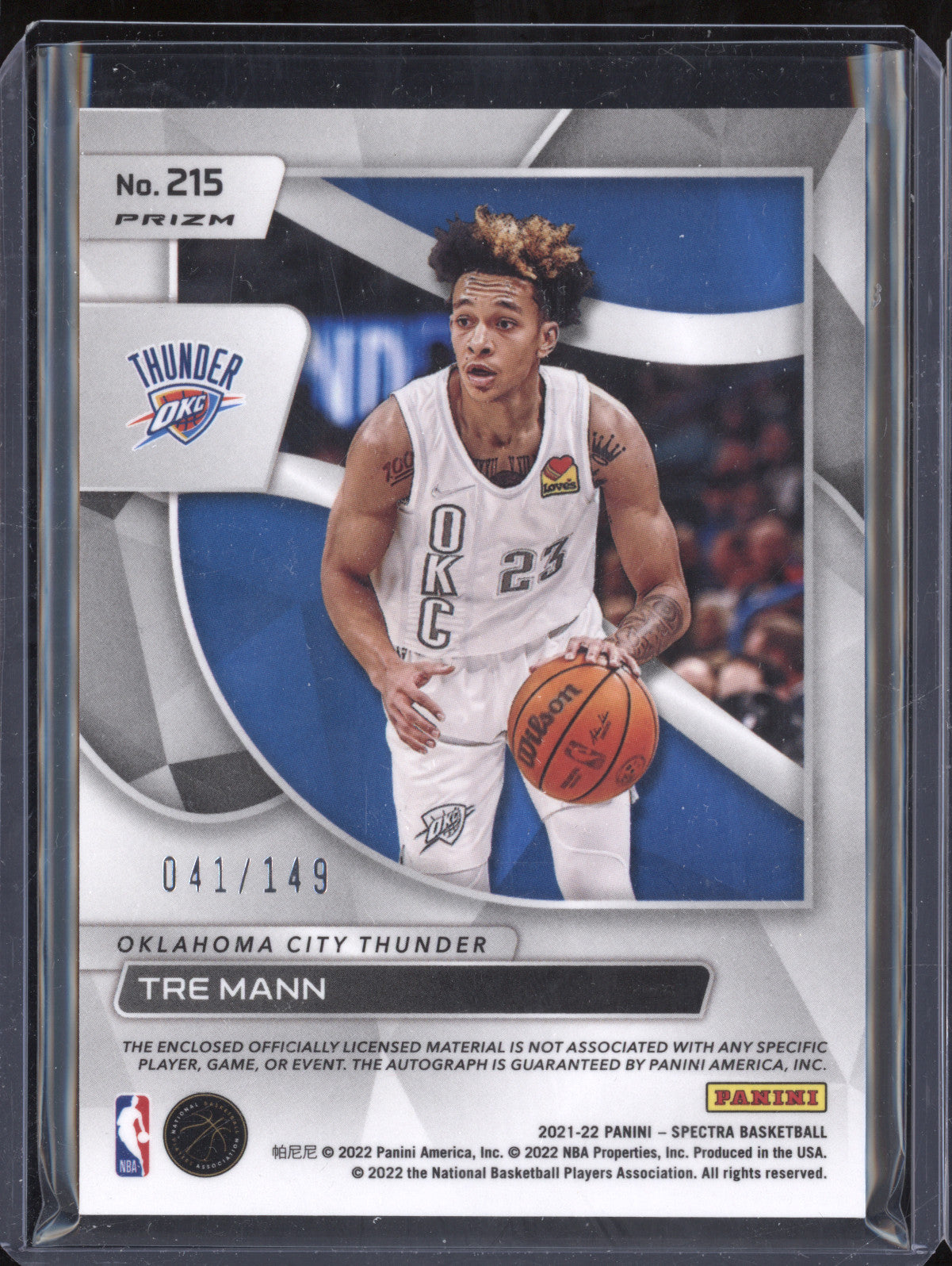 Tre Mann 2021-22 Panini Spectra 215 Rookie Jersey Auto RC 41/149