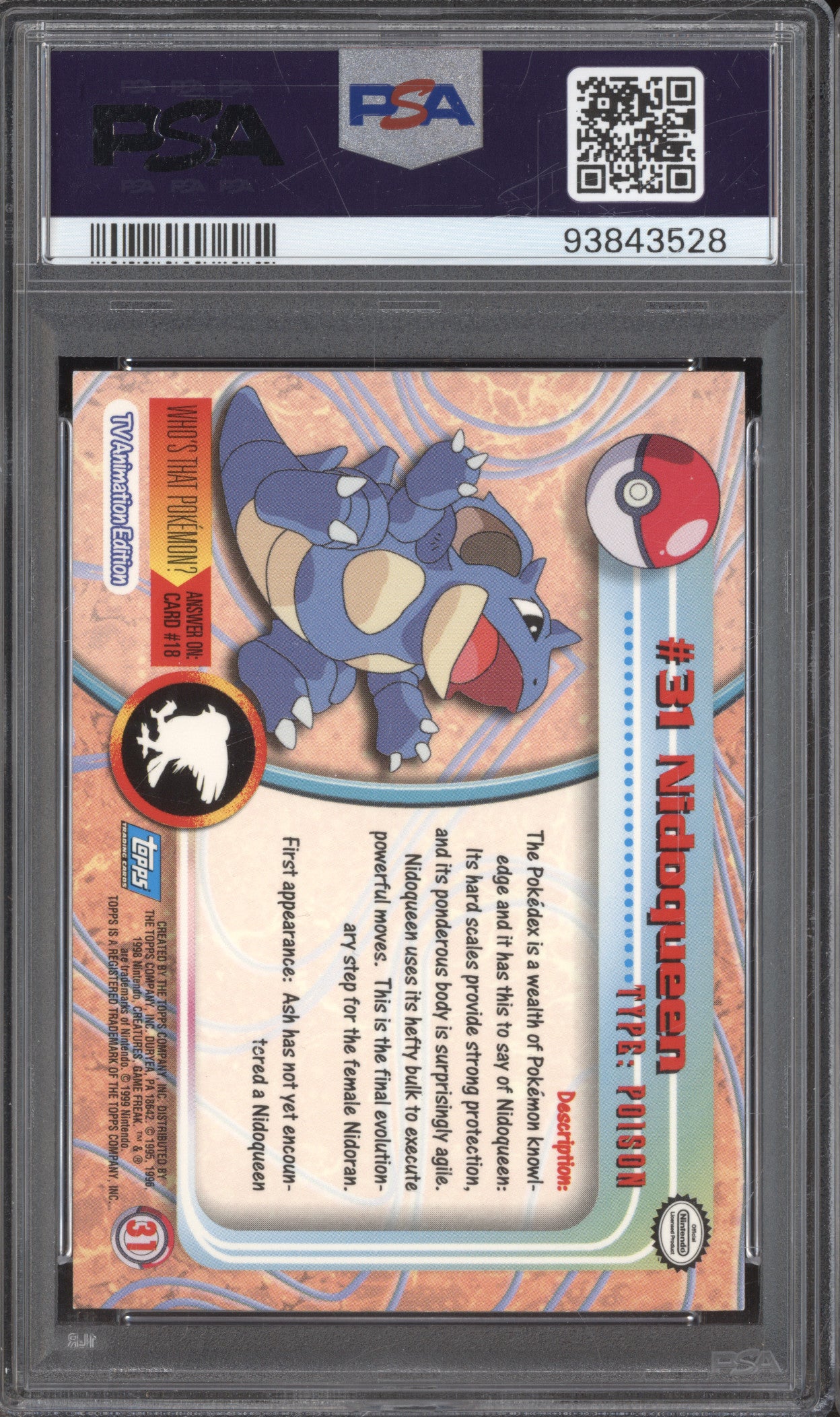 Nidoqueen 1999 Pokemon Topps 31 Rainbow Foil Blue Logo PSA 8