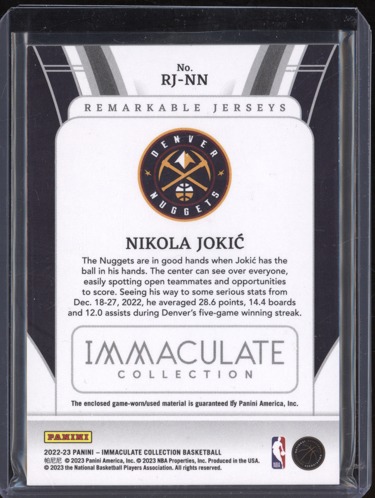 Nikola Jokic 2022-23 Panini Immaculate RJ-NN Remarkable Jerseys 47/99