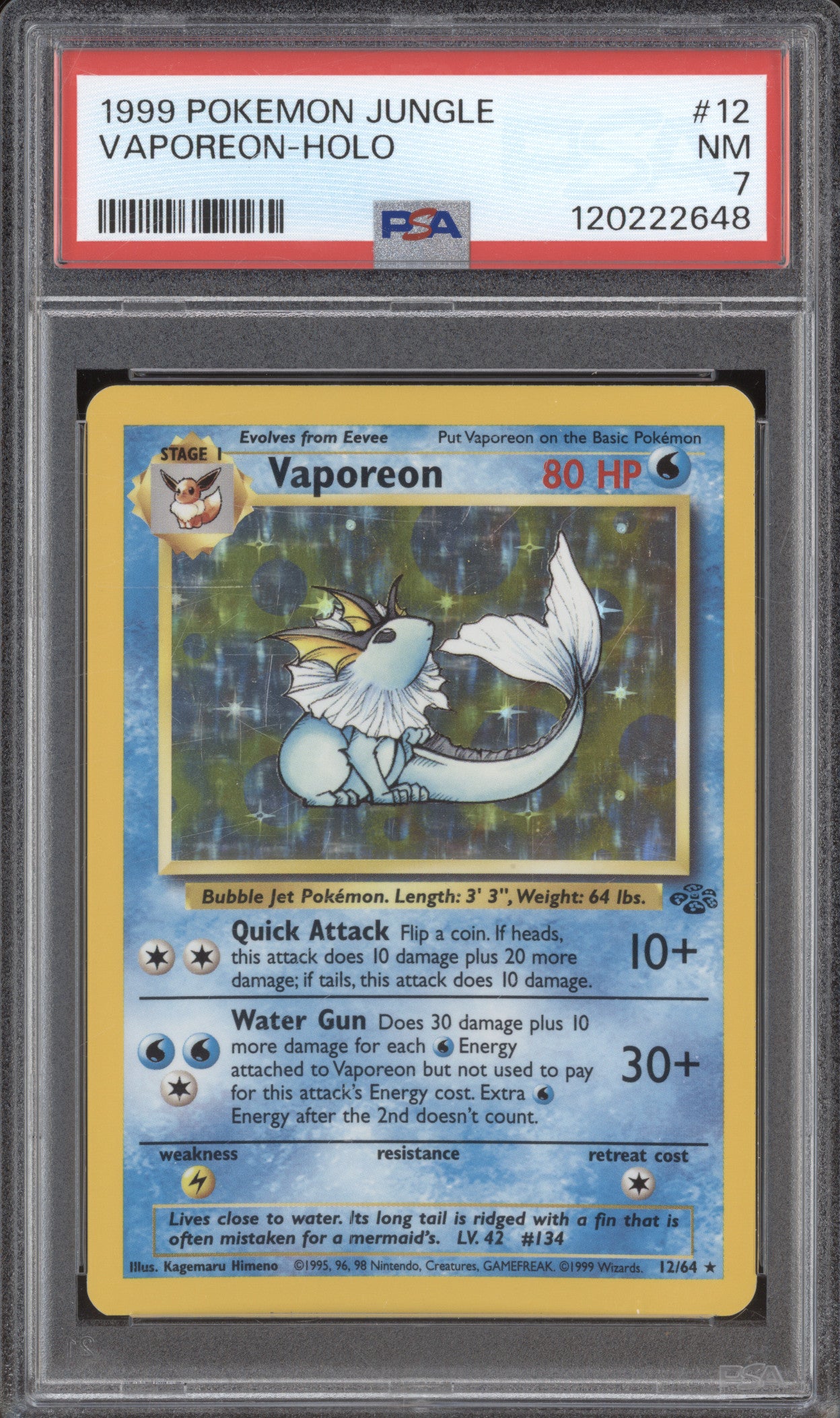Vaporeon 1999 Pokemon Jungle 12/64 Holo Rare PSA 7
