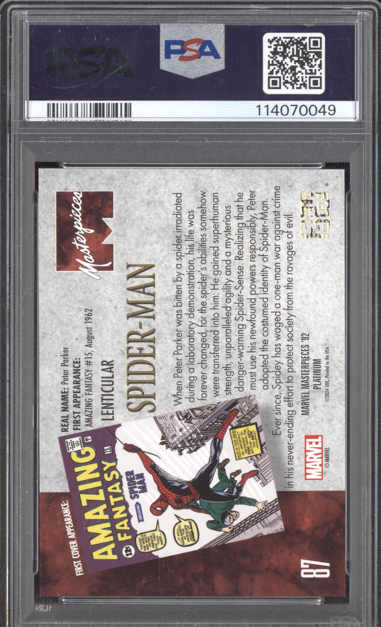 Spider-Man 2024 Skybox Masterpieces 87 92 Platinum Lenticular PSA 9