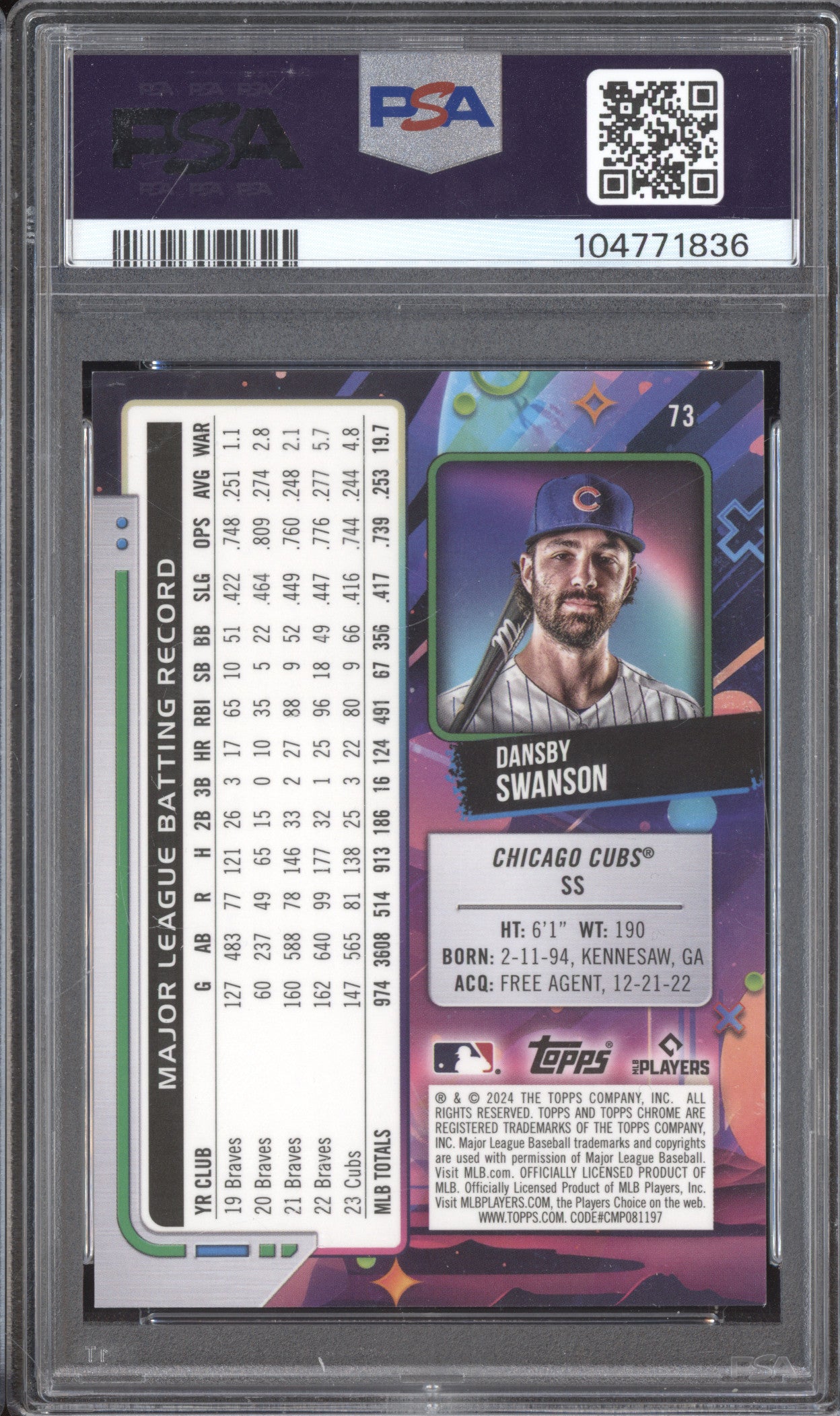 Dansby Swanson 2024 Topps Cosmic Chrome 73 Black Eclipse 2/10 PSA 9
