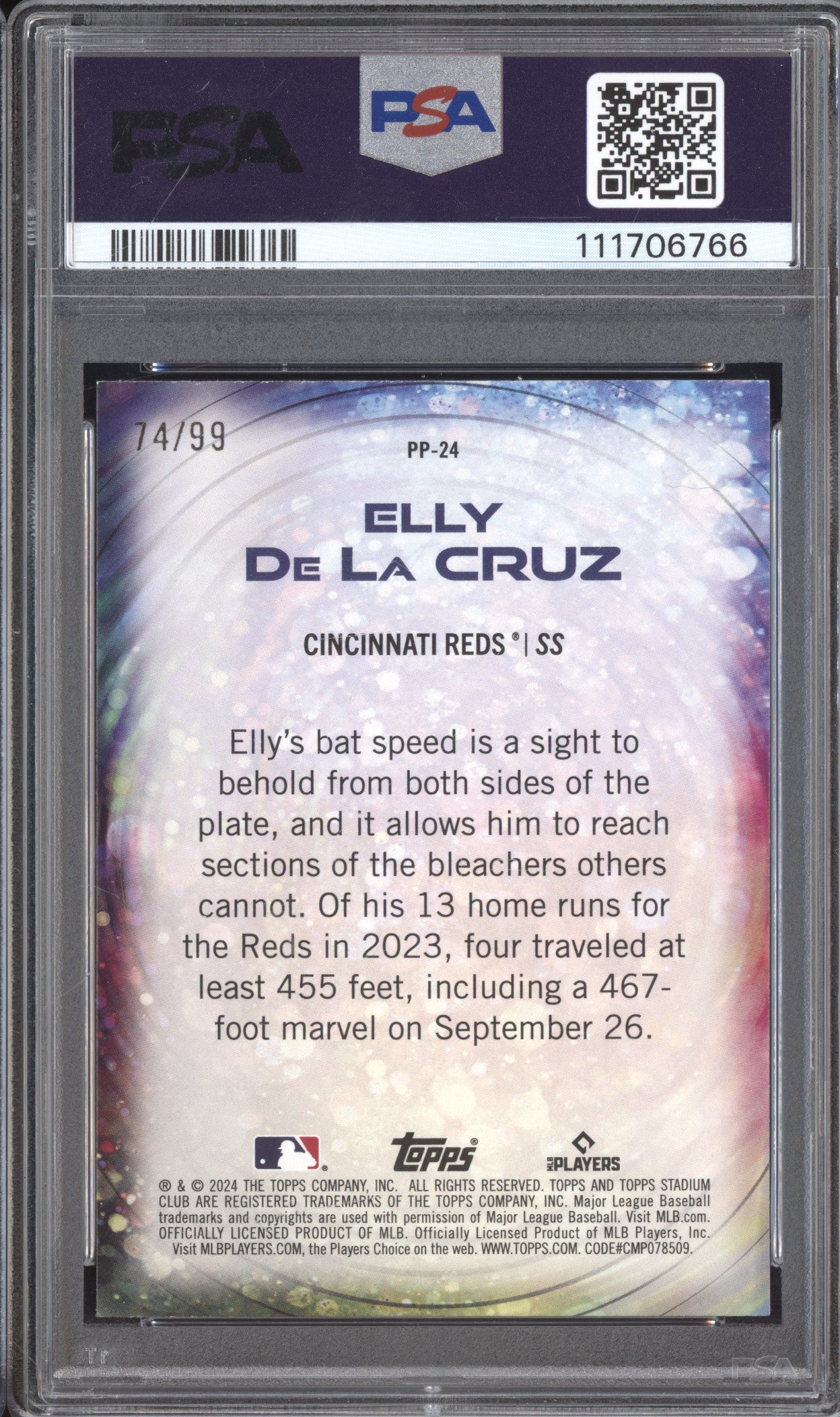 Elly De La Cruz 2024 Topps Stadium Club PP24 Power Packed Black RC 74/99 PSA 9