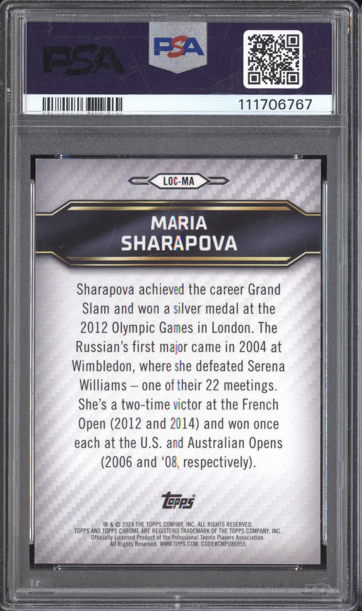 Maria Sharapova 2024 Topps Graphite LOC-MA Legends of the Court White 7/10 PSA 8