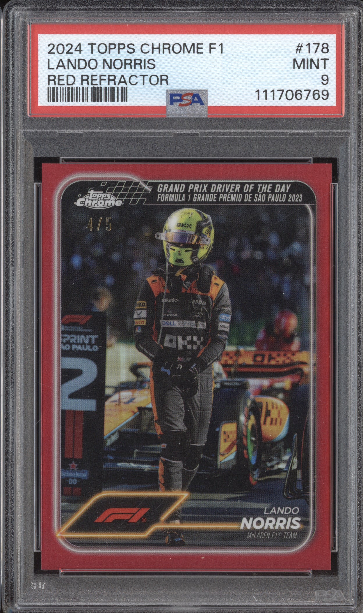Lando Norris 2024 Topps Chrome Formula 1 178 Red Refractor 4/5 PSA 9