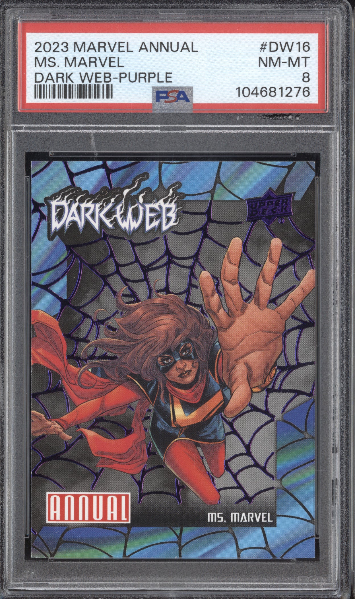 Ms. Marvel 2023 Upper Deck Marvel Annual DW-16 Dark Web Purple 40/99 PSA 8