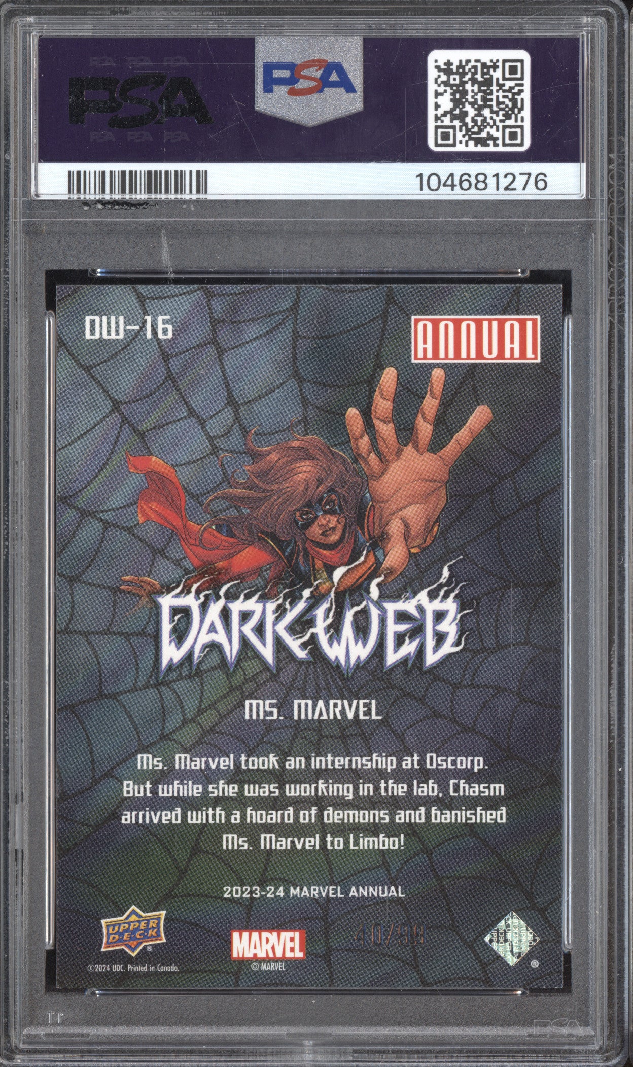 Ms. Marvel 2023 Upper Deck Marvel Annual DW-16 Dark Web Purple 40/99 PSA 8