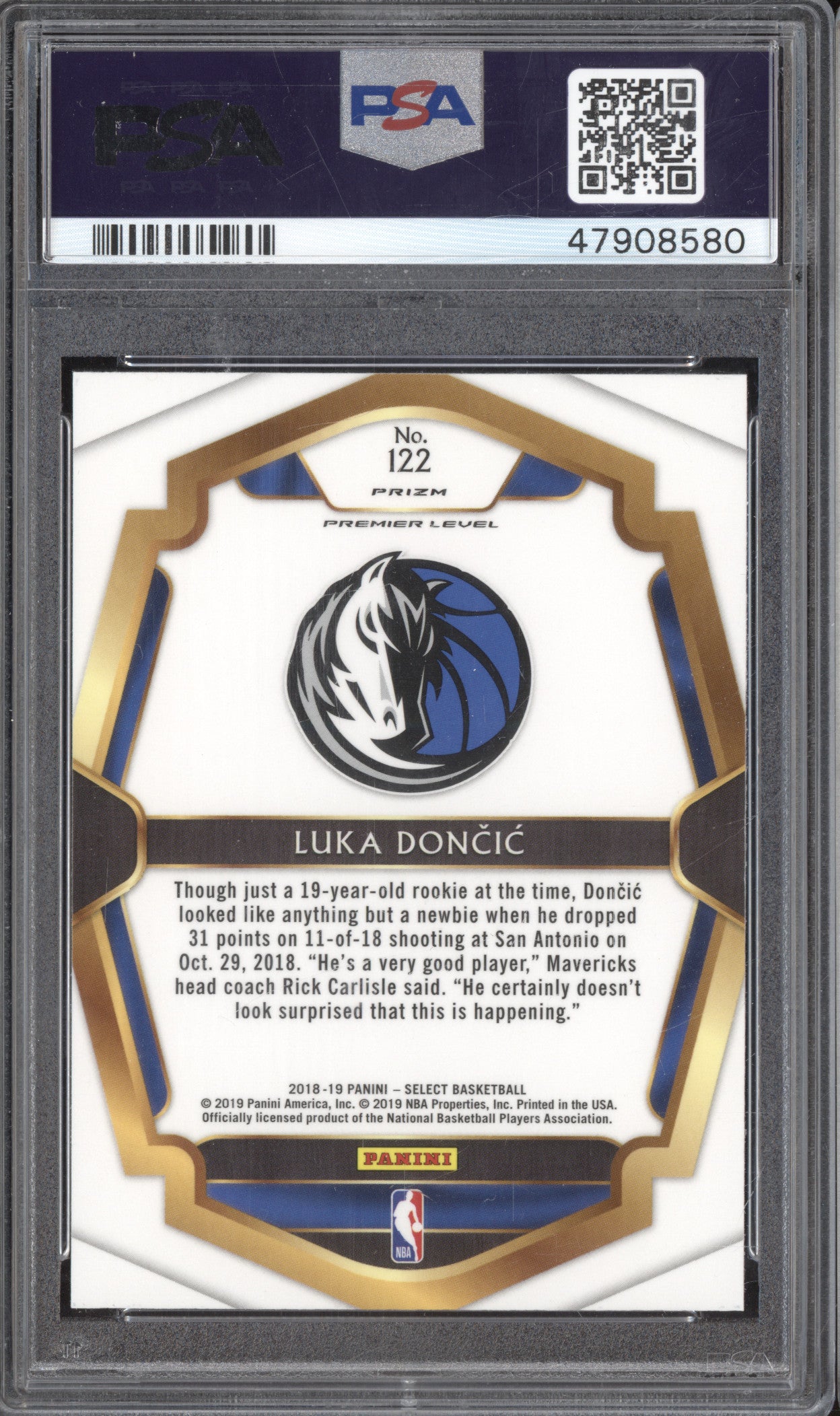 Luka Doncic 2018-19 Panini Select 122 Tri-Color RC PSA 10