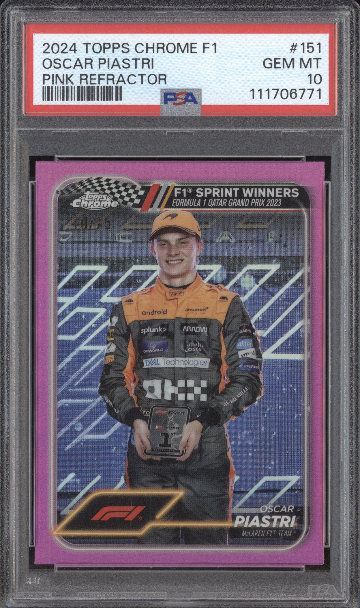Oscar Piastri 2024 Topps Chrome Formula 1 151 Pink Refractor 10/75 PSA 10