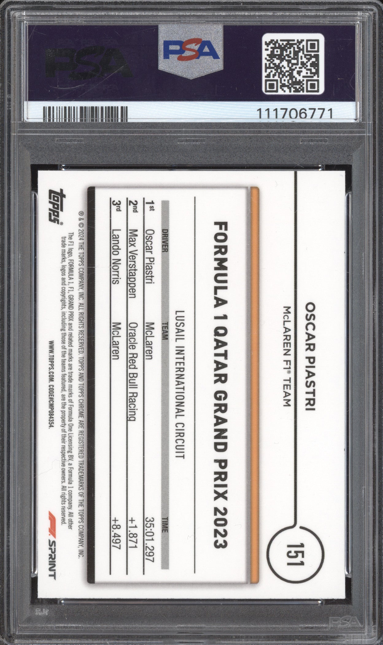 Oscar Piastri 2024 Topps Chrome Formula 1 151 Pink Refractor 10/75 PSA 10