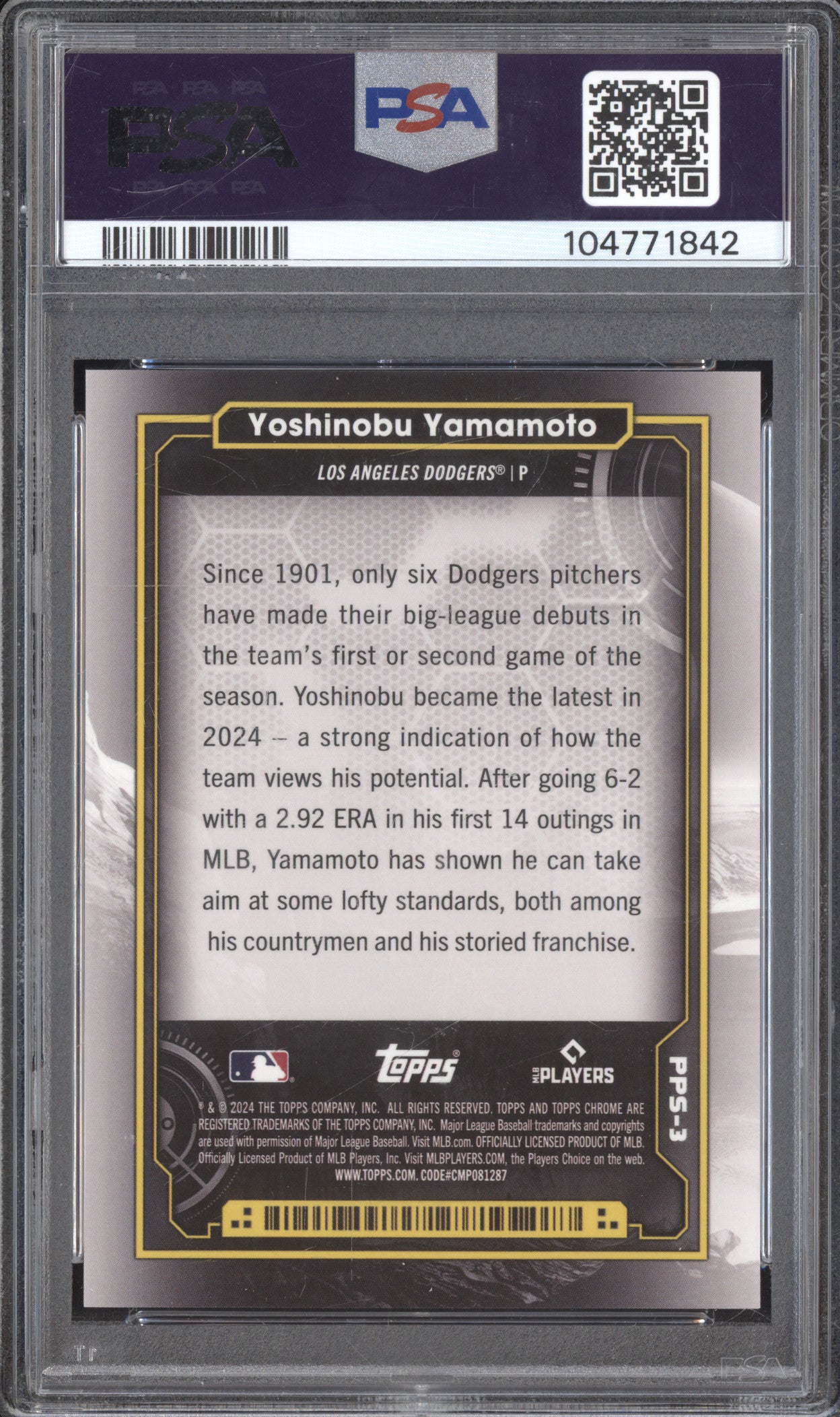 Yoshinobu Yamamoto 2024 Topps Cosmic Chrome Planetary Pursuit Sun RC PSA 10