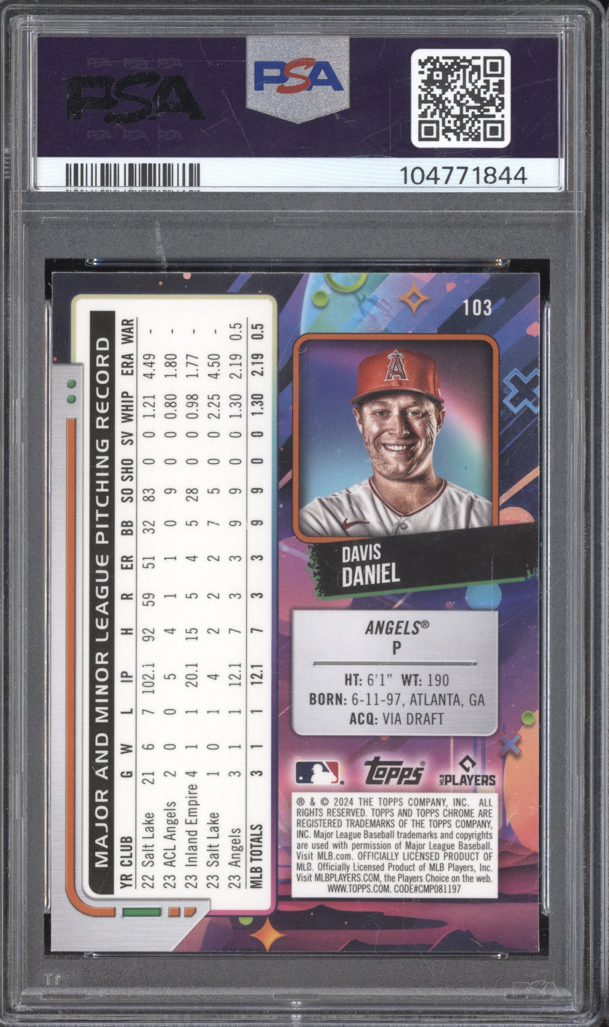 Davis Daniel 2024 Topps Cosmic Chrome 103 Blue Moon Refractor RC 15/99 PSA 10