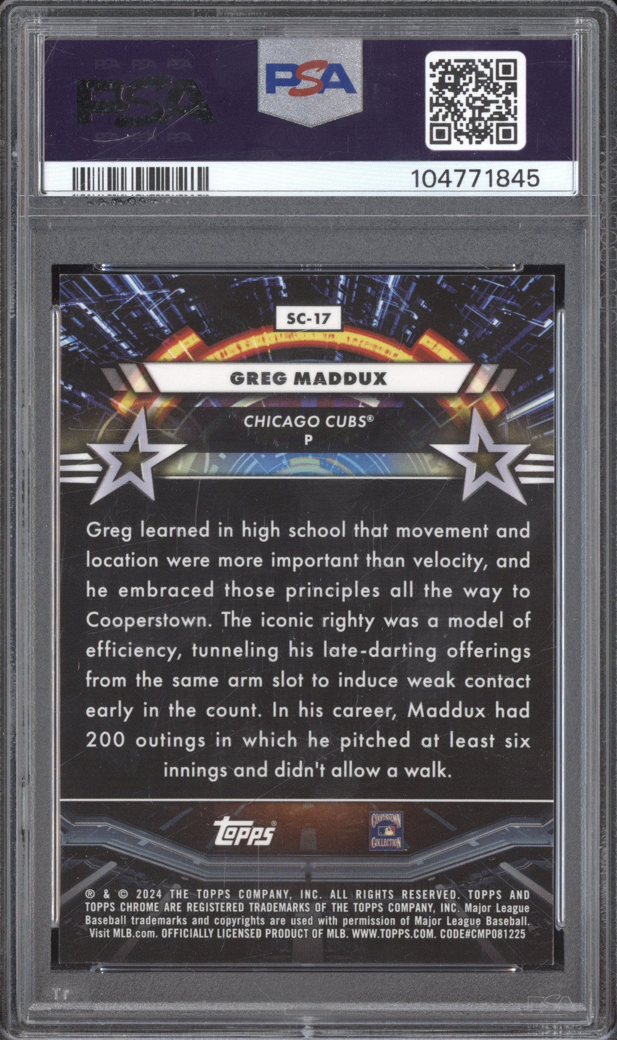 Greg Maddux 2024 Topps Cosmic Chrome SC-17 Star Command Black Eclipse /10 PSA 9