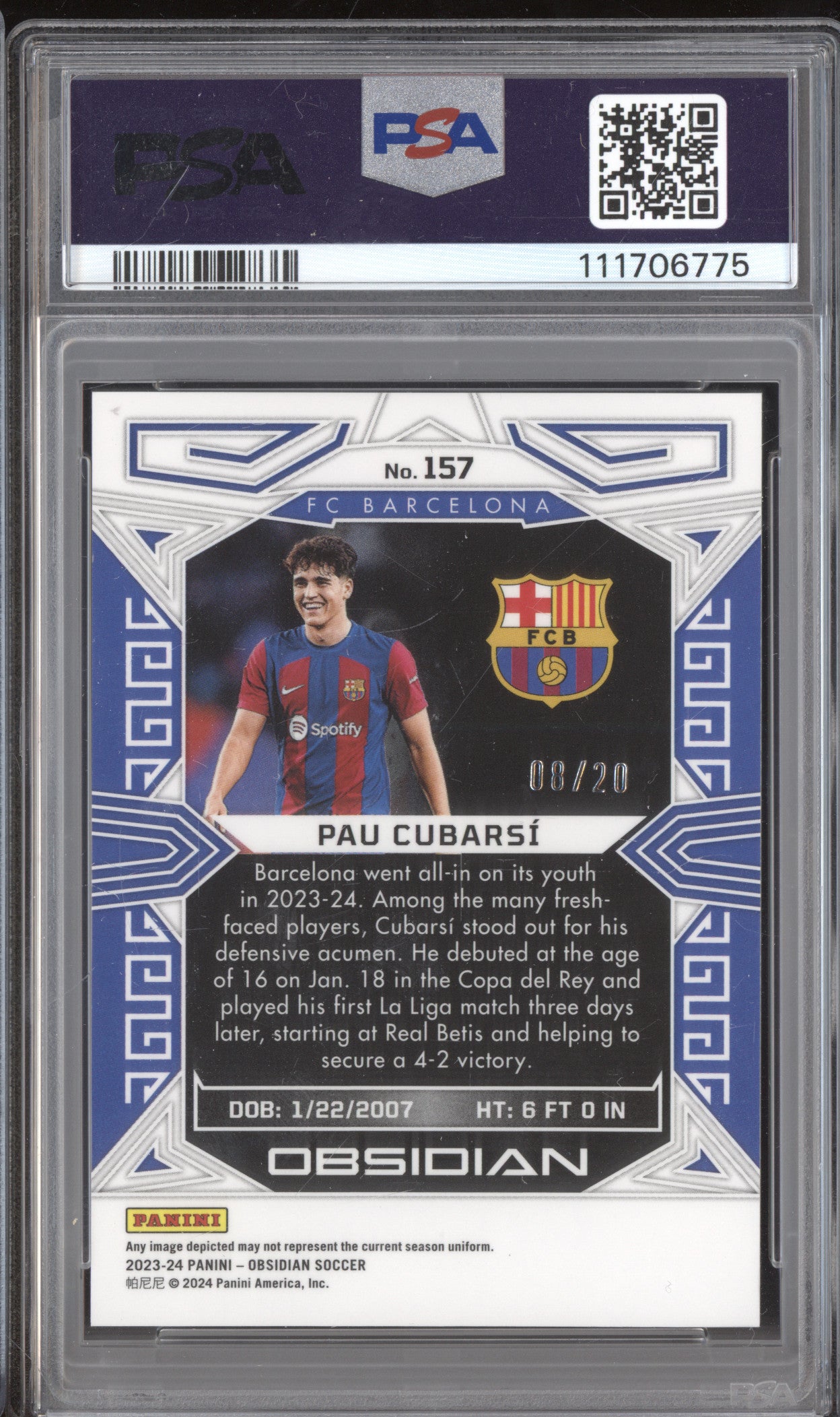 Pau Cubarsi 2023-24 Panini Obsidian 157 Electric Etch Blue RC 8/20 PSA 9