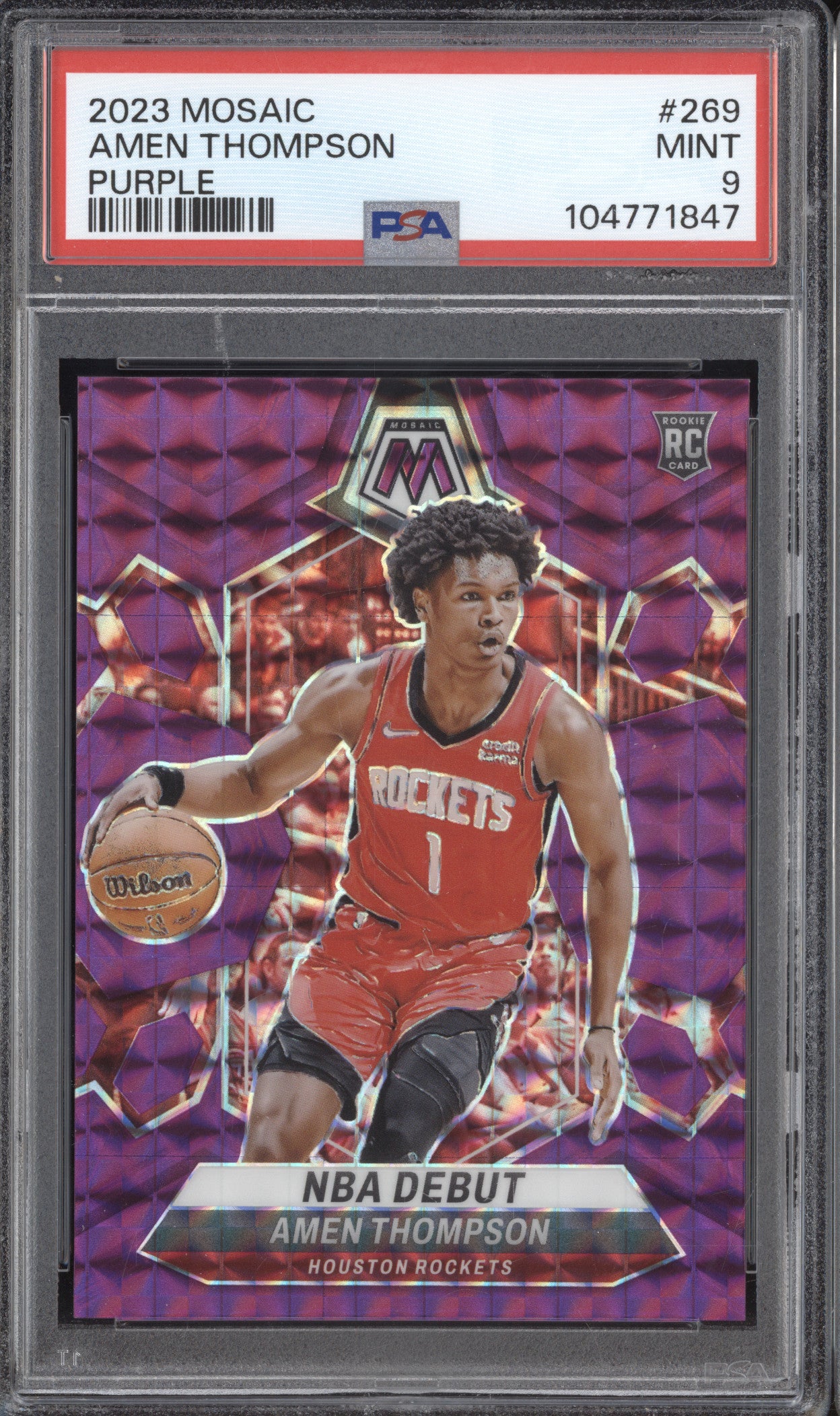 Amen Thompson 2023-24 Panini Mosaic 269 Purple RC 88/99 PSA 9